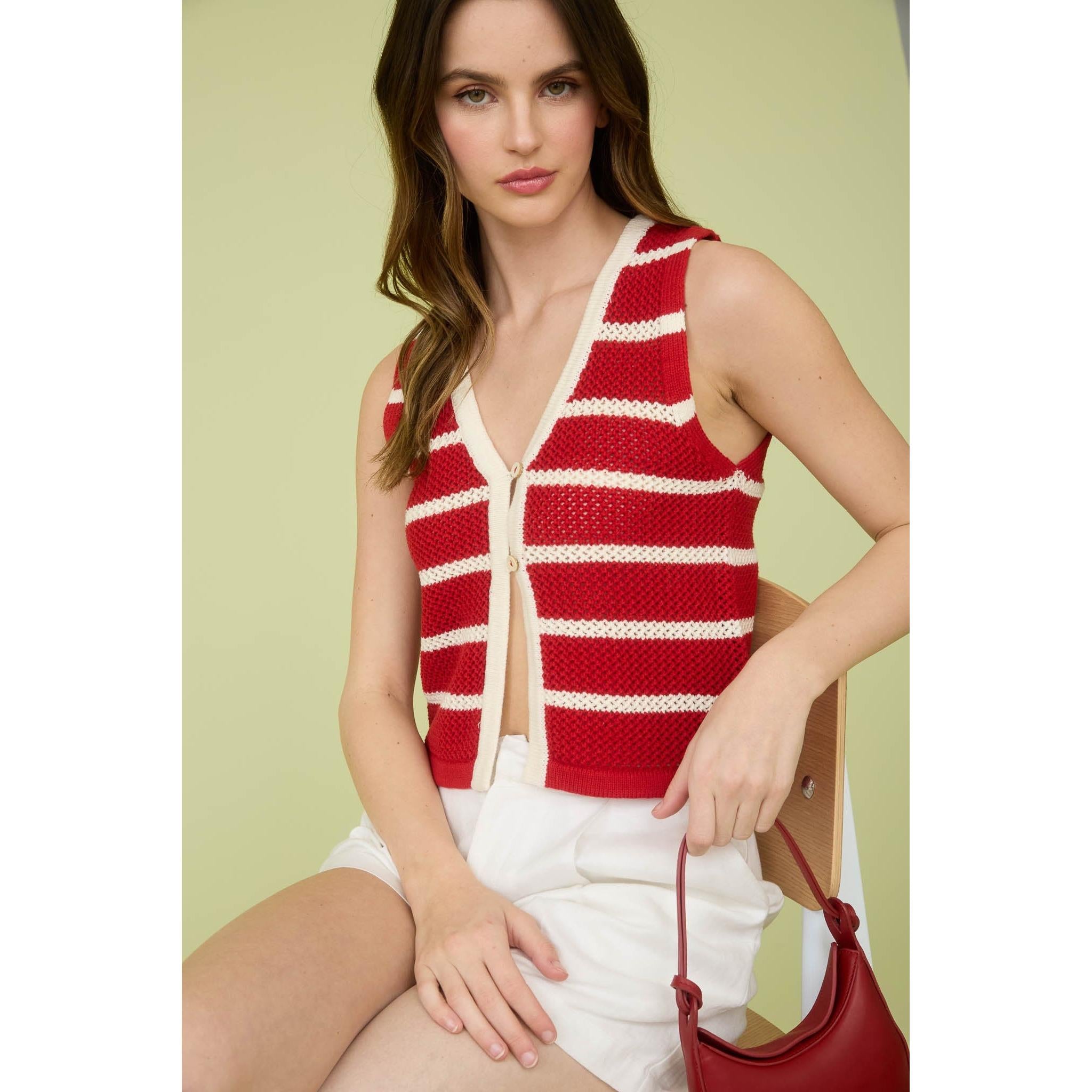 Stripe V Neck Button Front Split Hem Knit Vest || Red