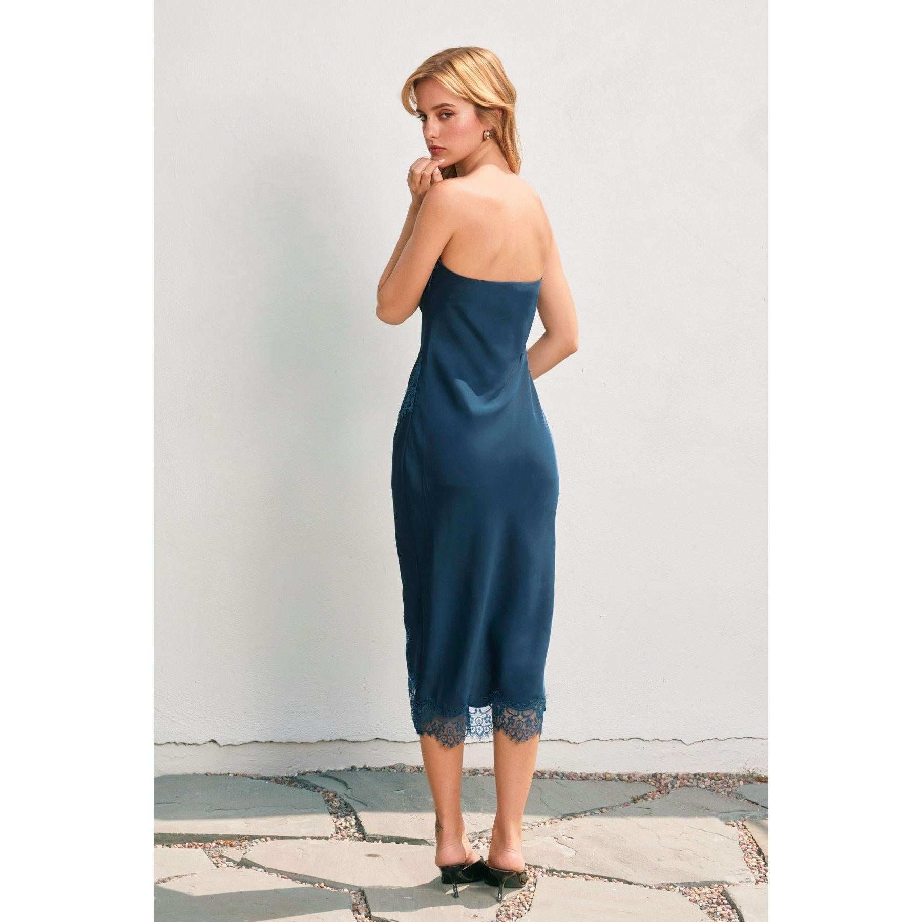 Satin Strapless Dress with Lace Trim || Saphire
