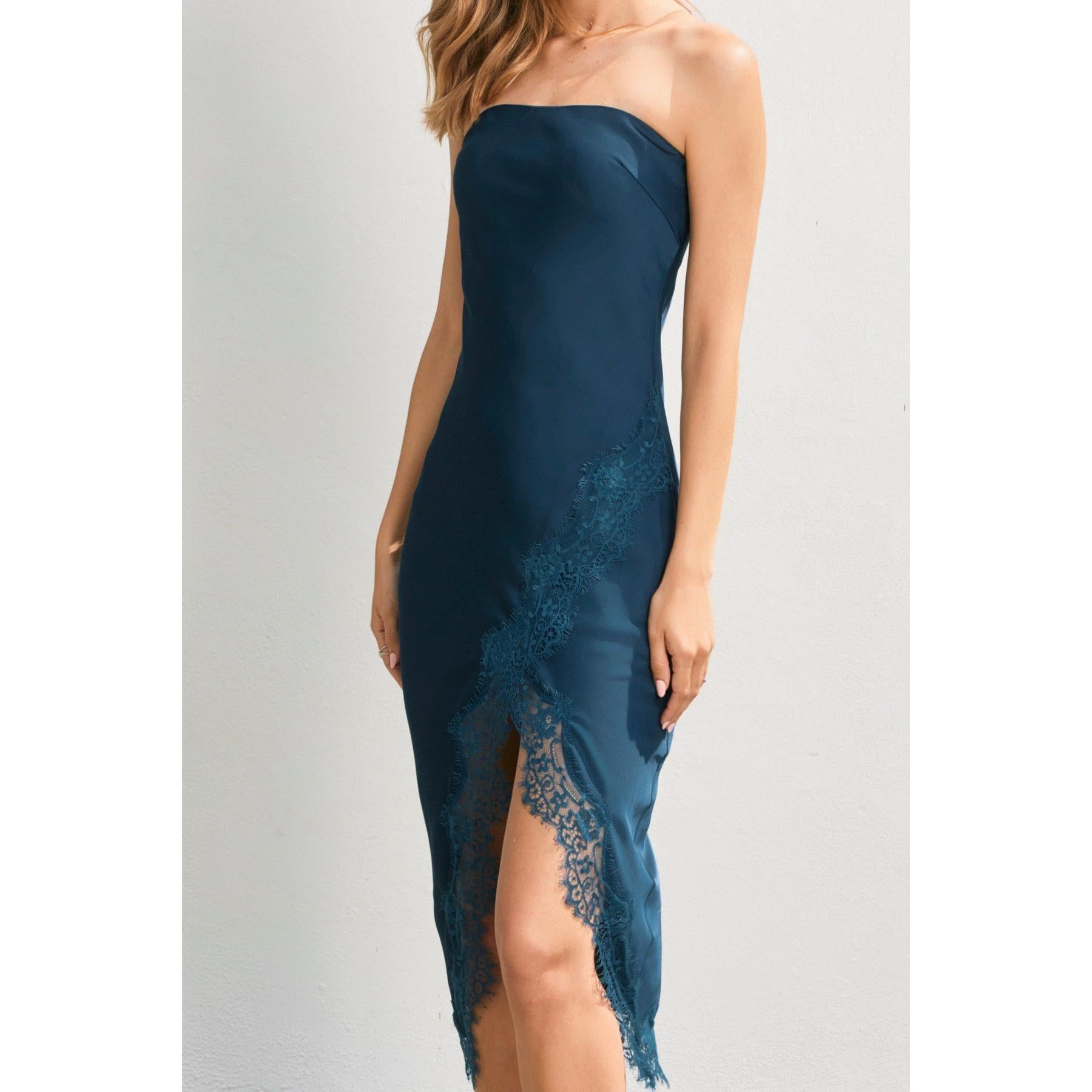 Satin Strapless Dress with Lace Trim || Saphire