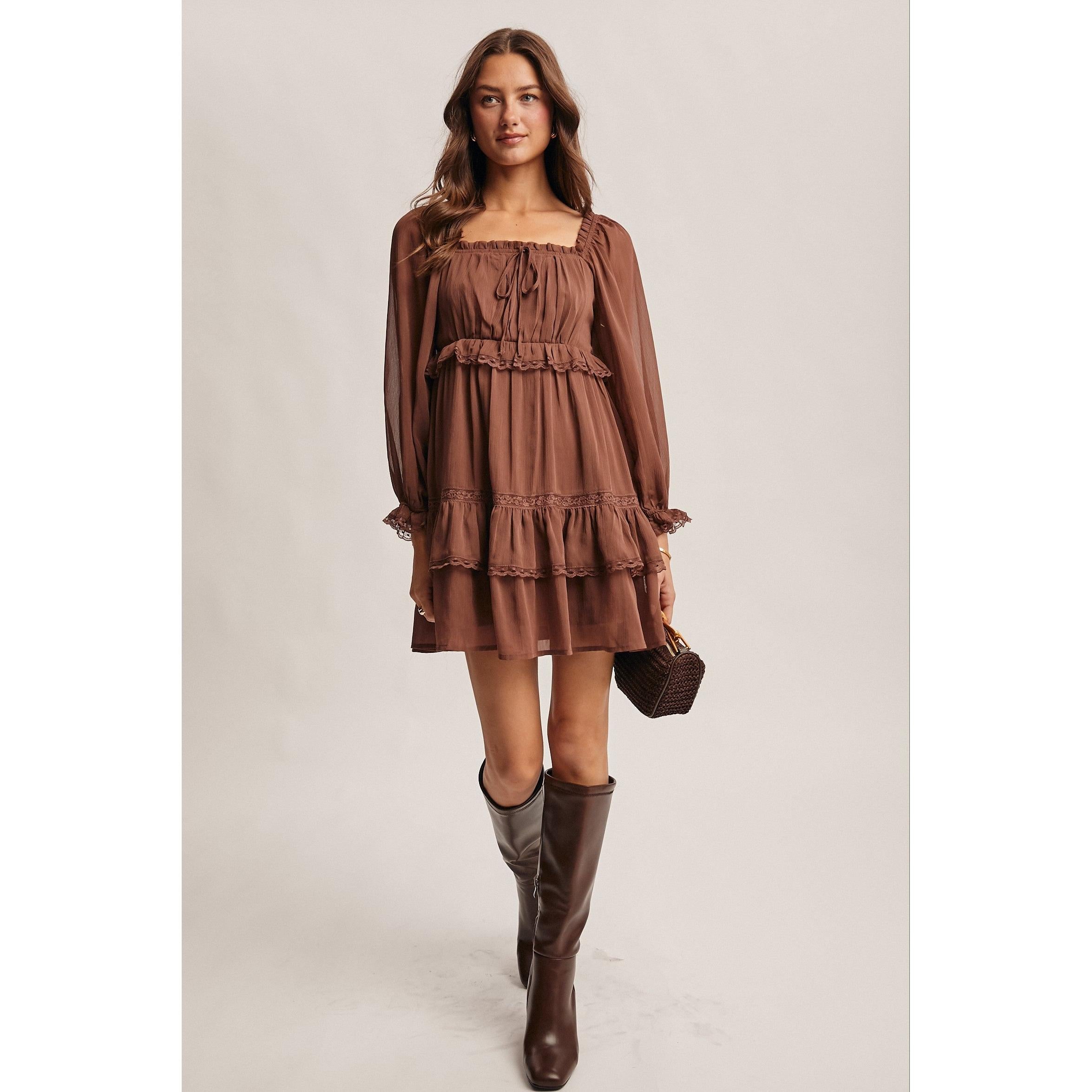brown ruffle and lace trim dress