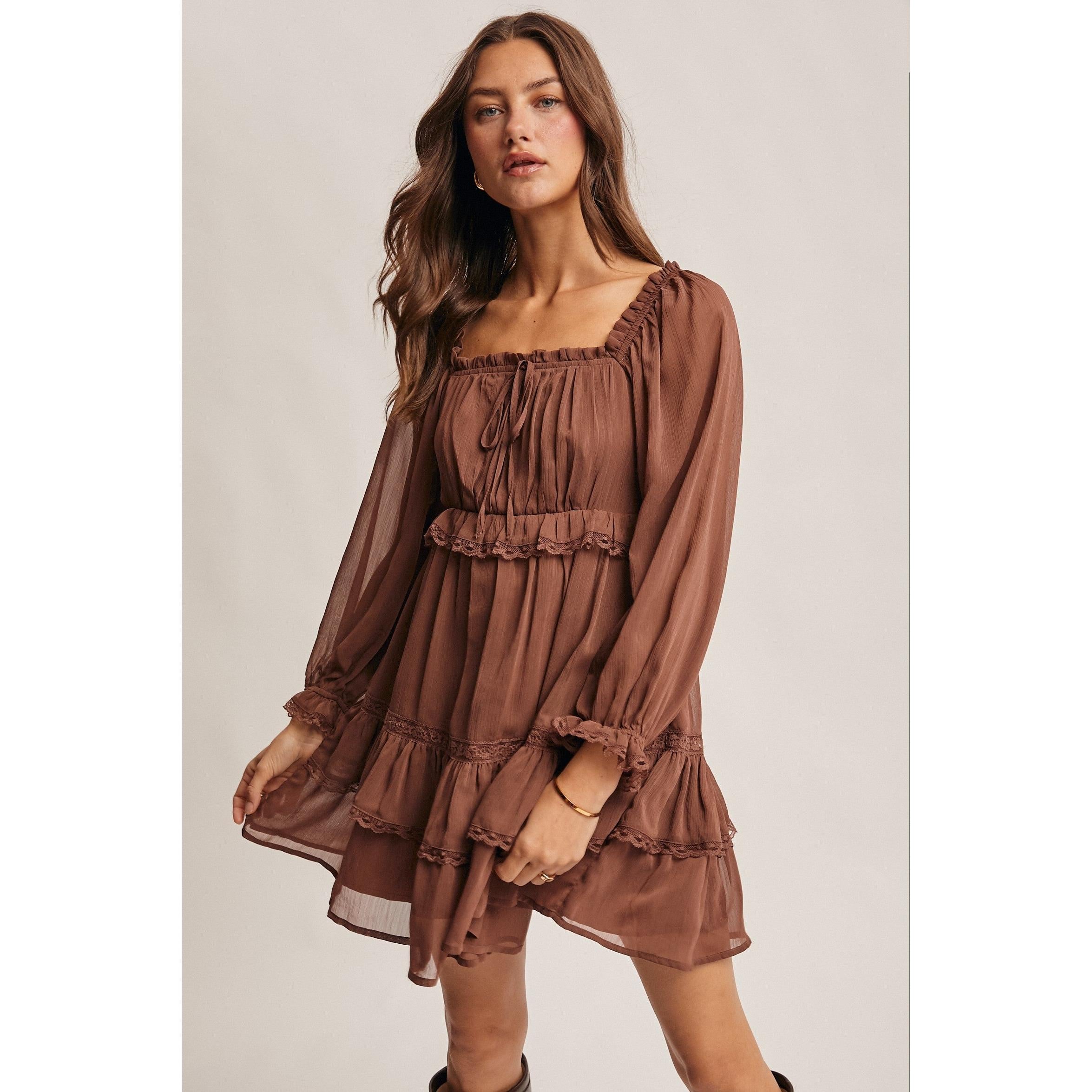 Tiered Puff Sleeve Dress || Mocha