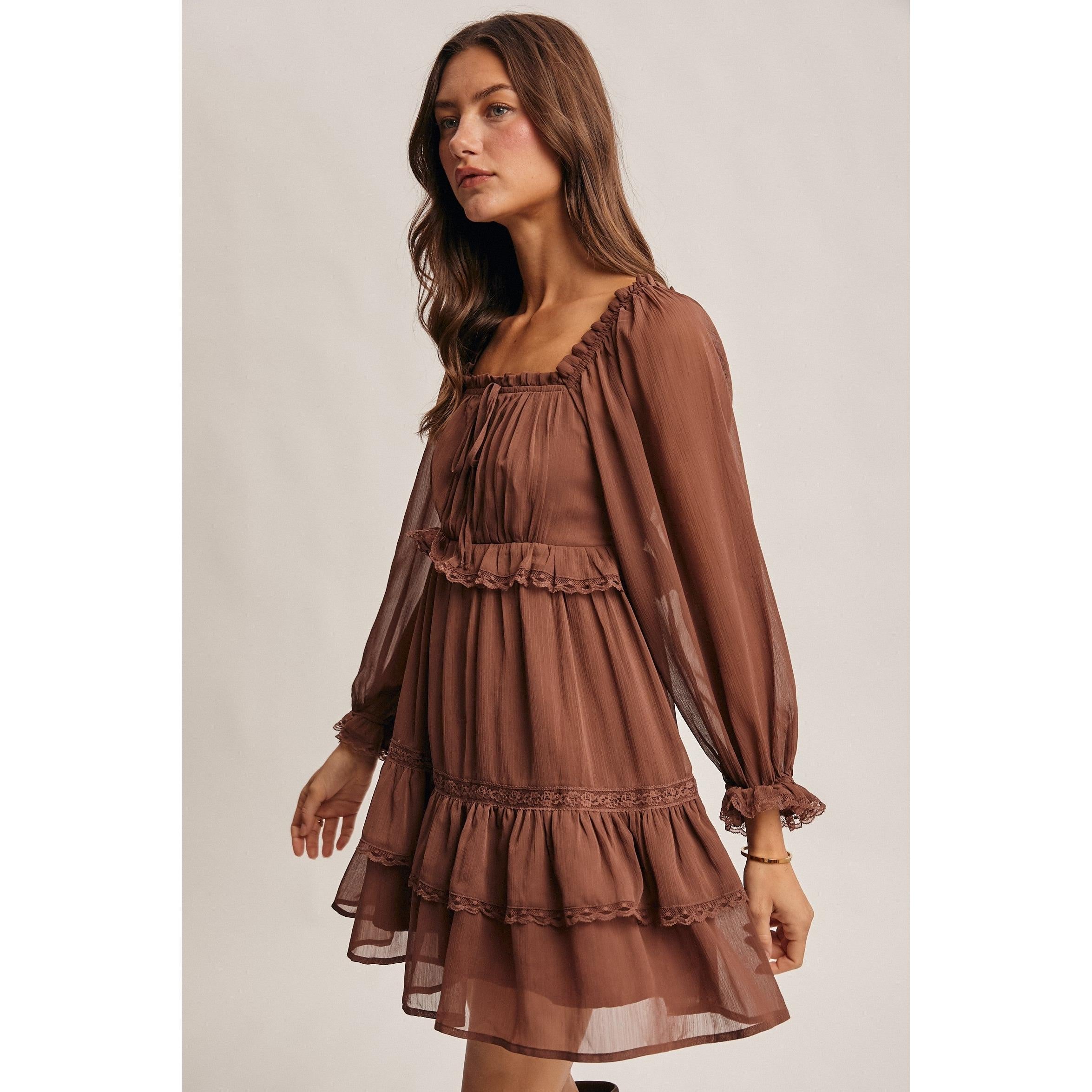 Tiered Puff Sleeve Dress || Mocha