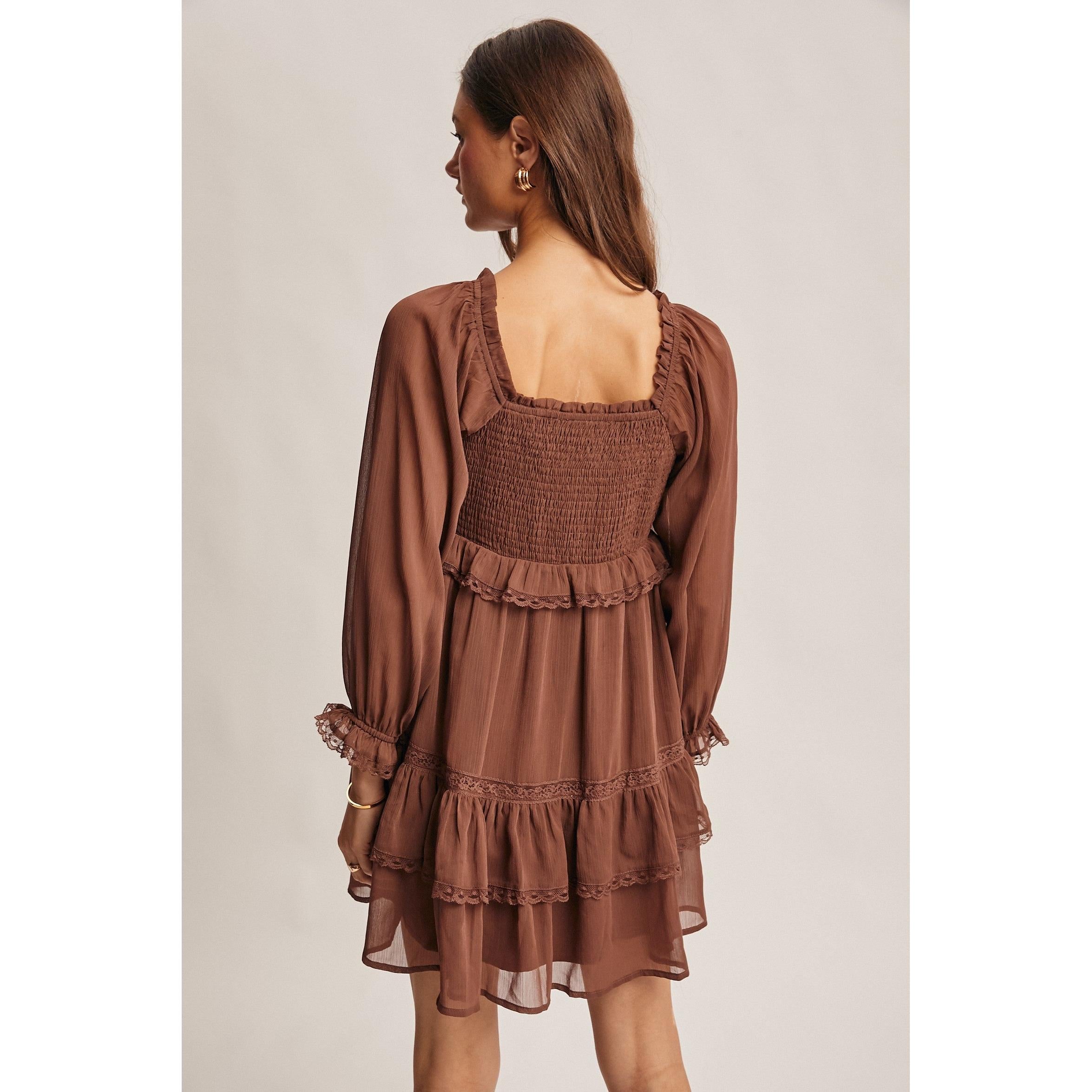 Tiered Puff Sleeve Dress || Mocha