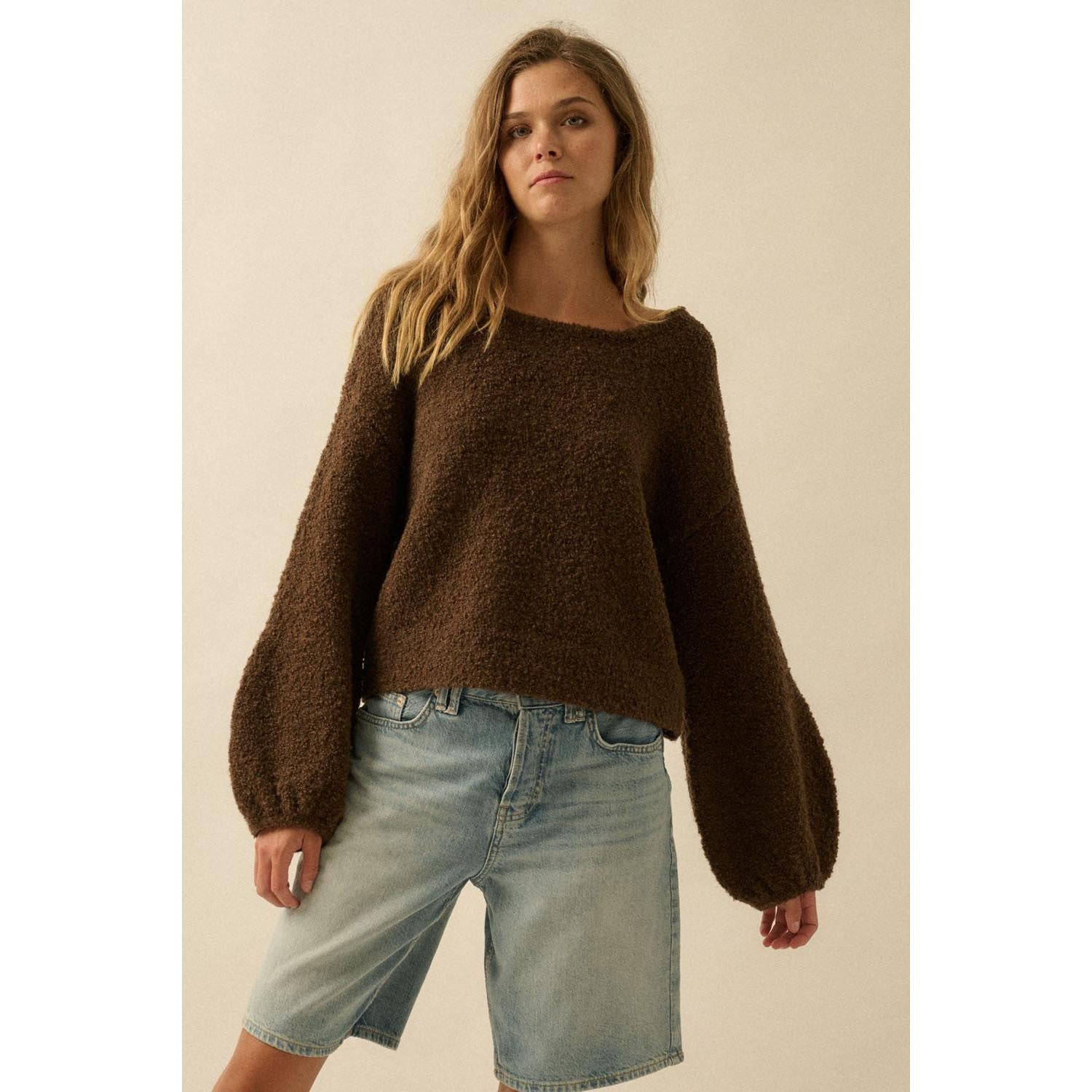 chocolate brown Textured Bubble Sleeve Sweater 