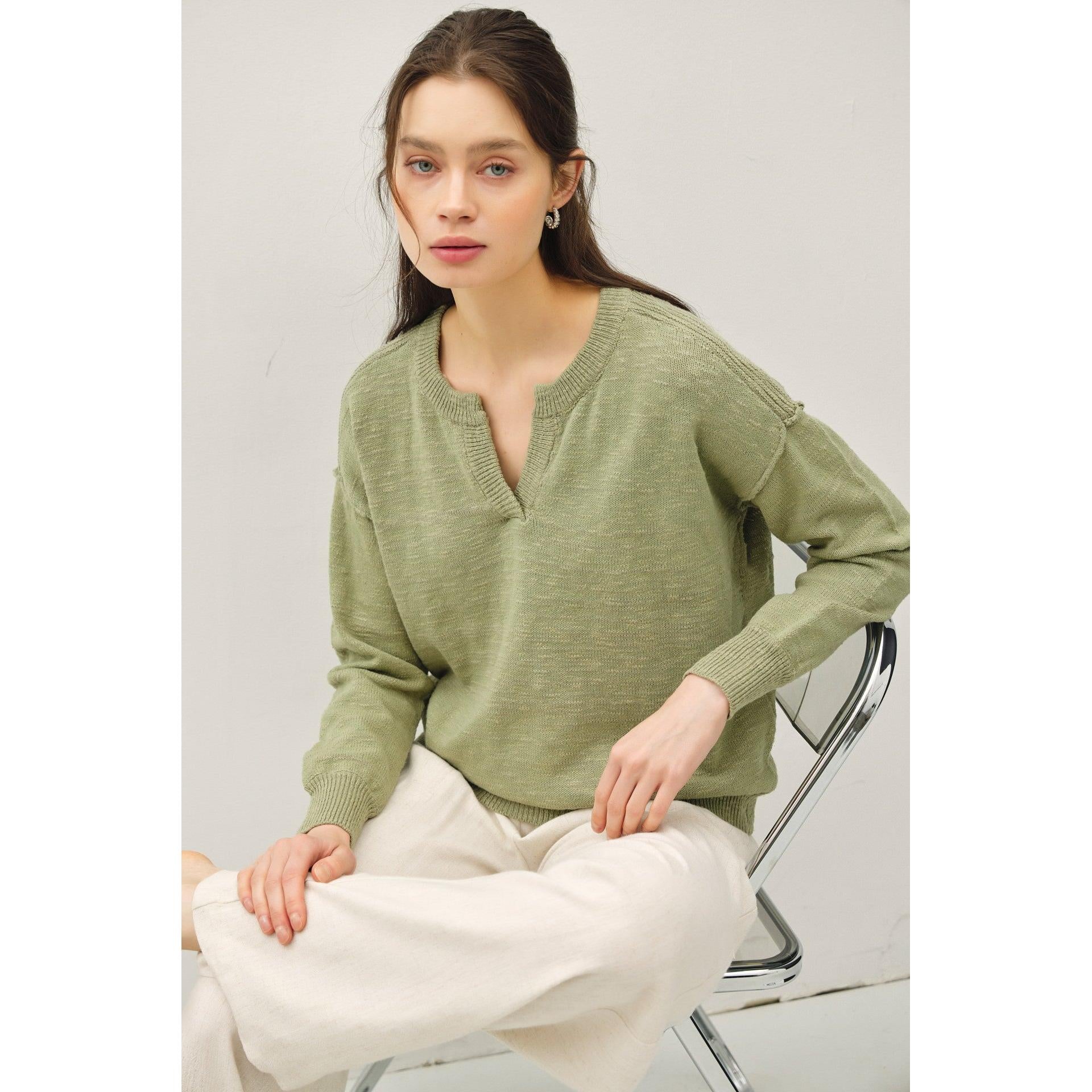 Sage Henley style Slub Sweater 
