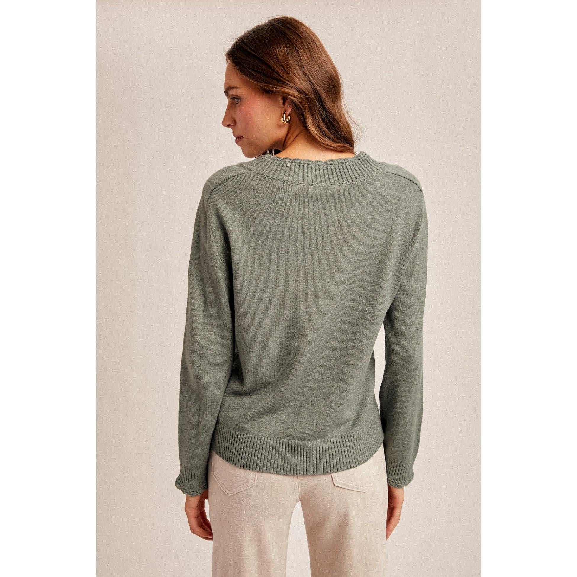 Scallop Edge V Neck Sweater || Green