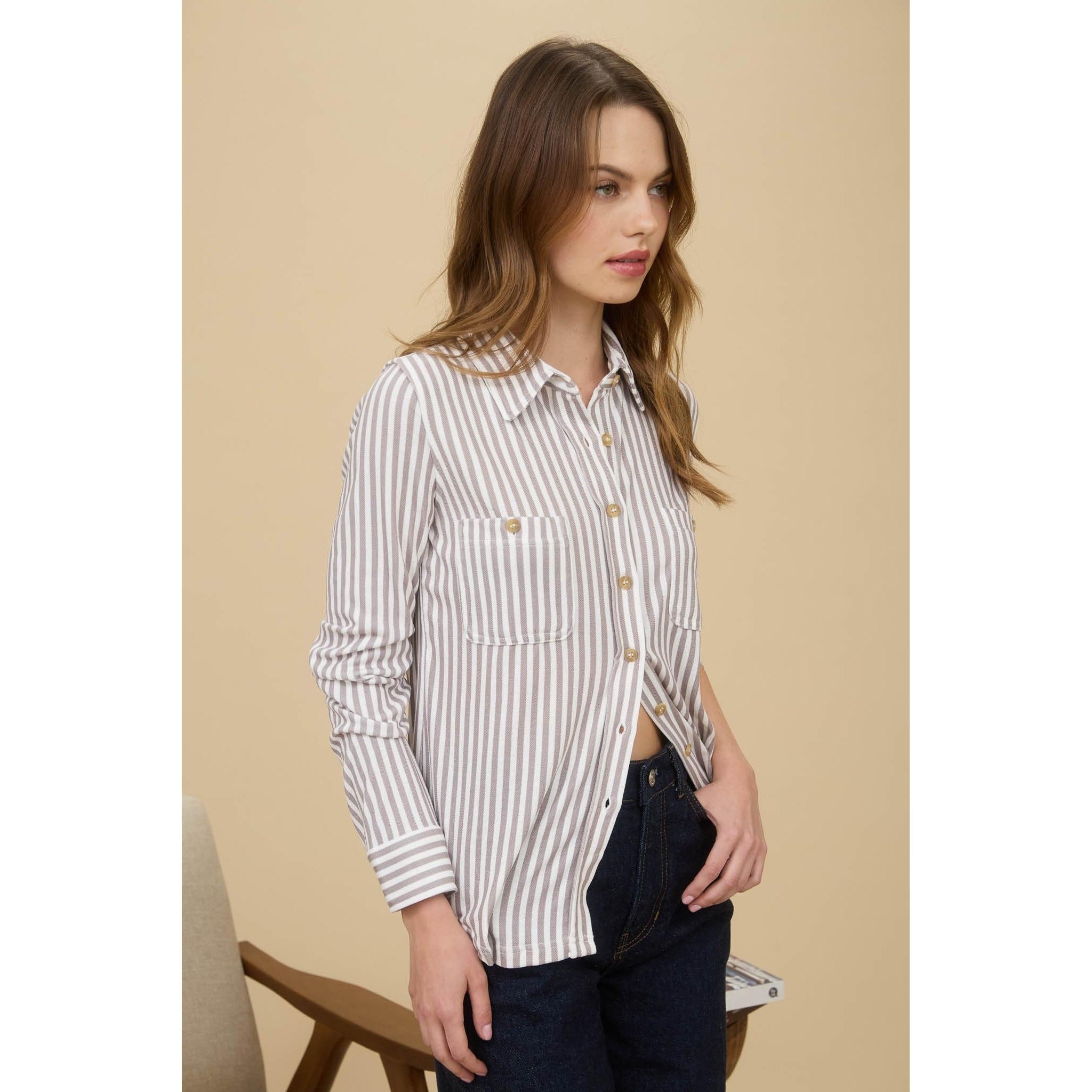 Stripe Button Down Soft Shirt || Mocha