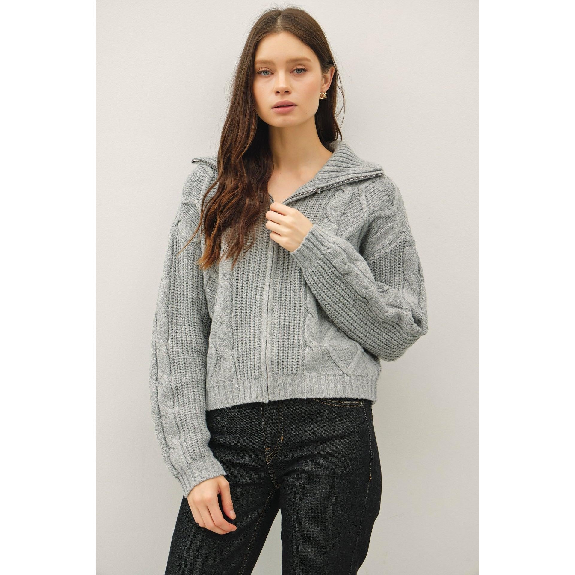 grey cable knit sweater that zips up the front