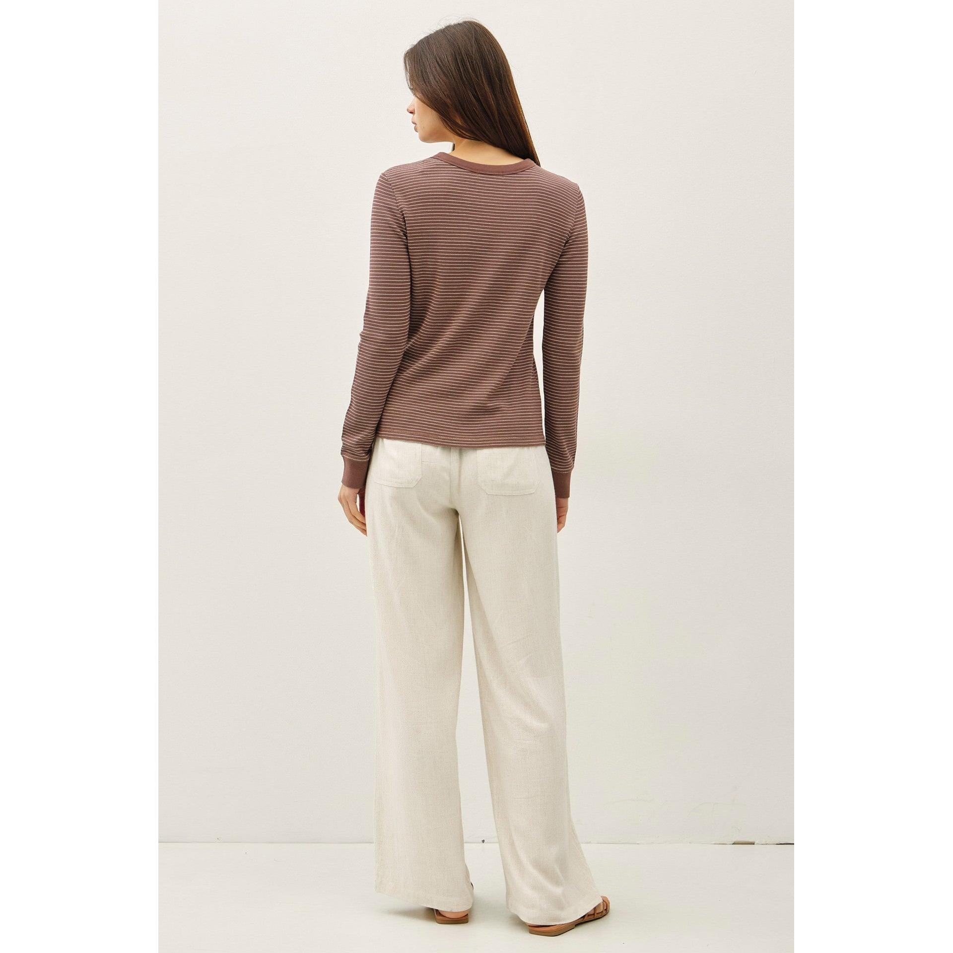Thermal Stripe Crewneck Top || Brown