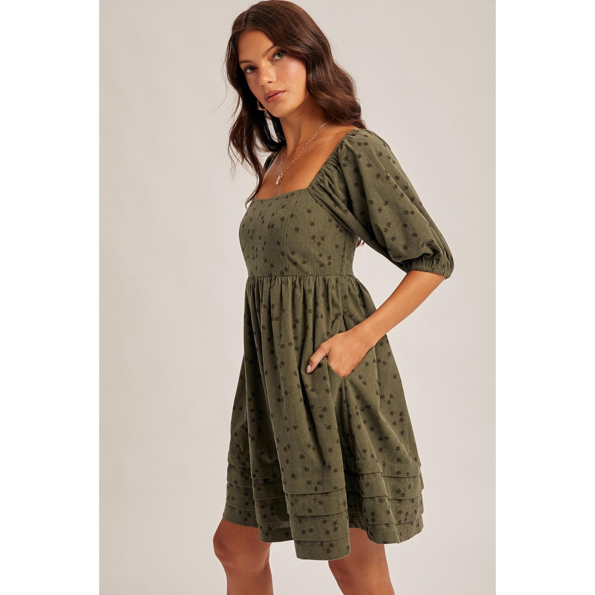 Floral Corduroy Dress || Olive