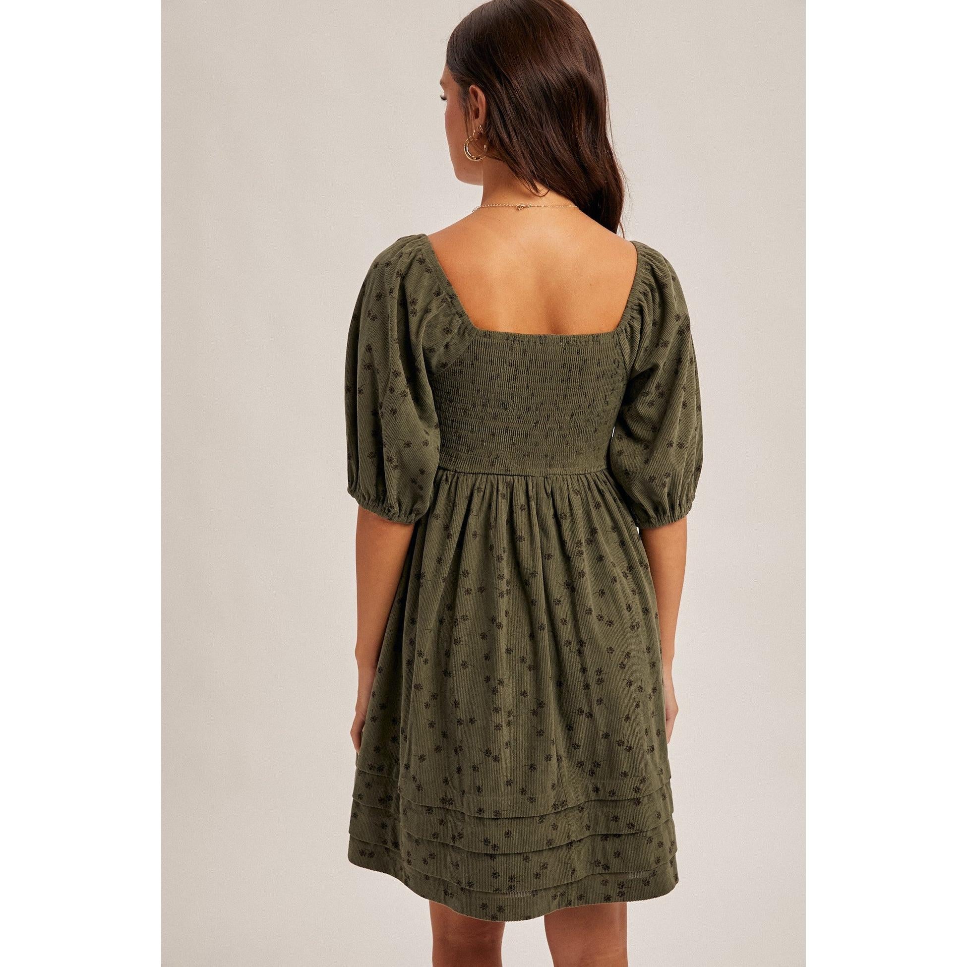 Floral Corduroy Dress || Olive