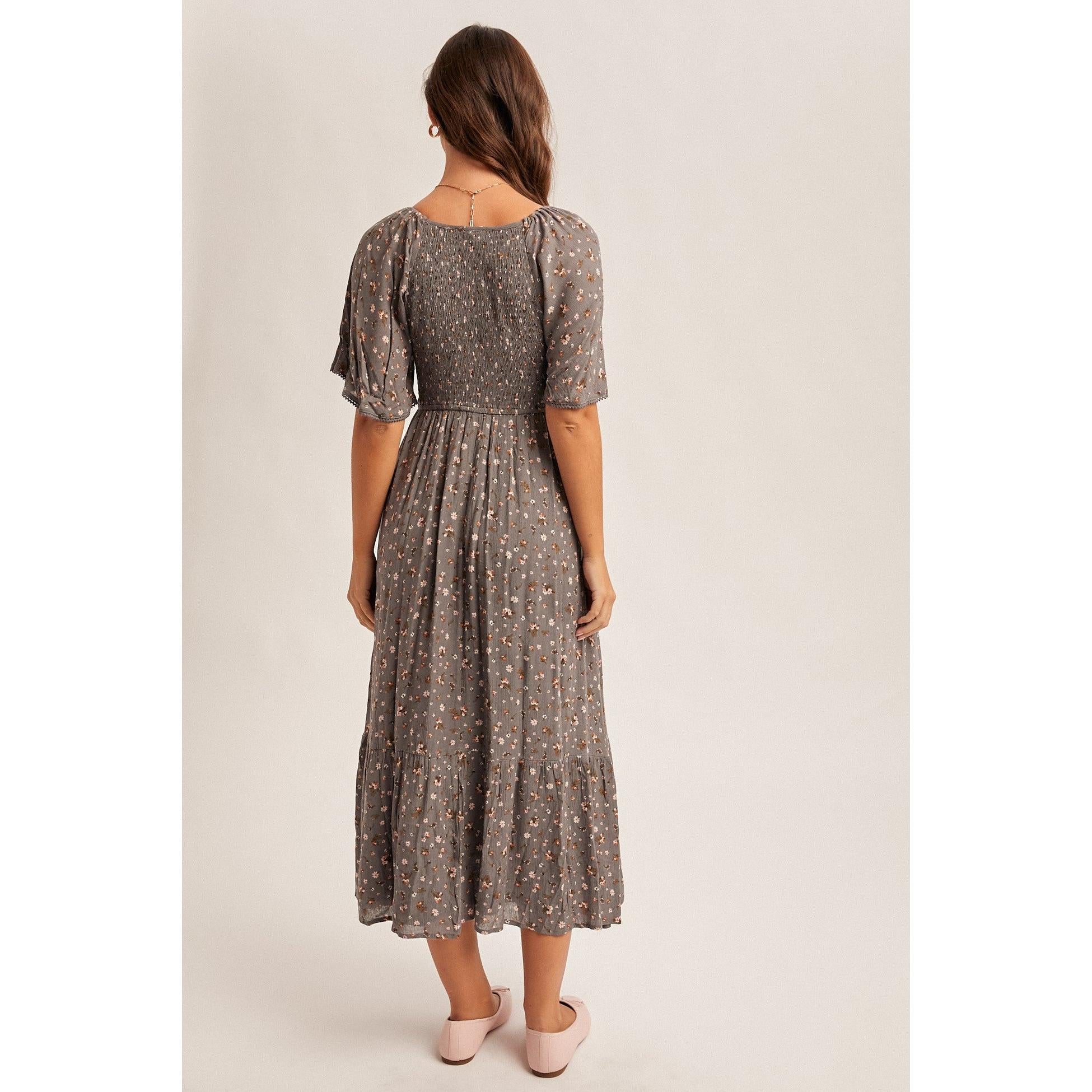 Flutter Sleeve Ditsy Print Maxi Dress || Slate Grey