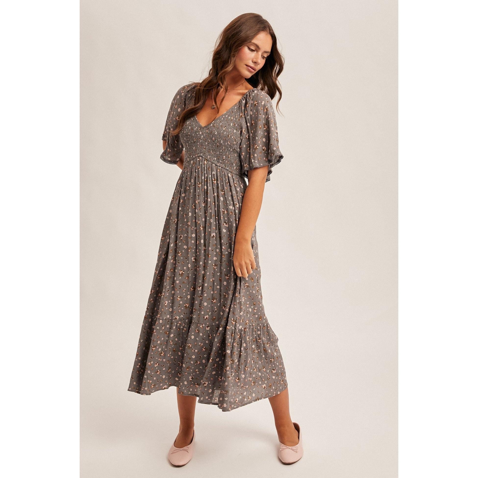 Flutter Sleeve Ditsy Print Maxi Dress || Slate Grey