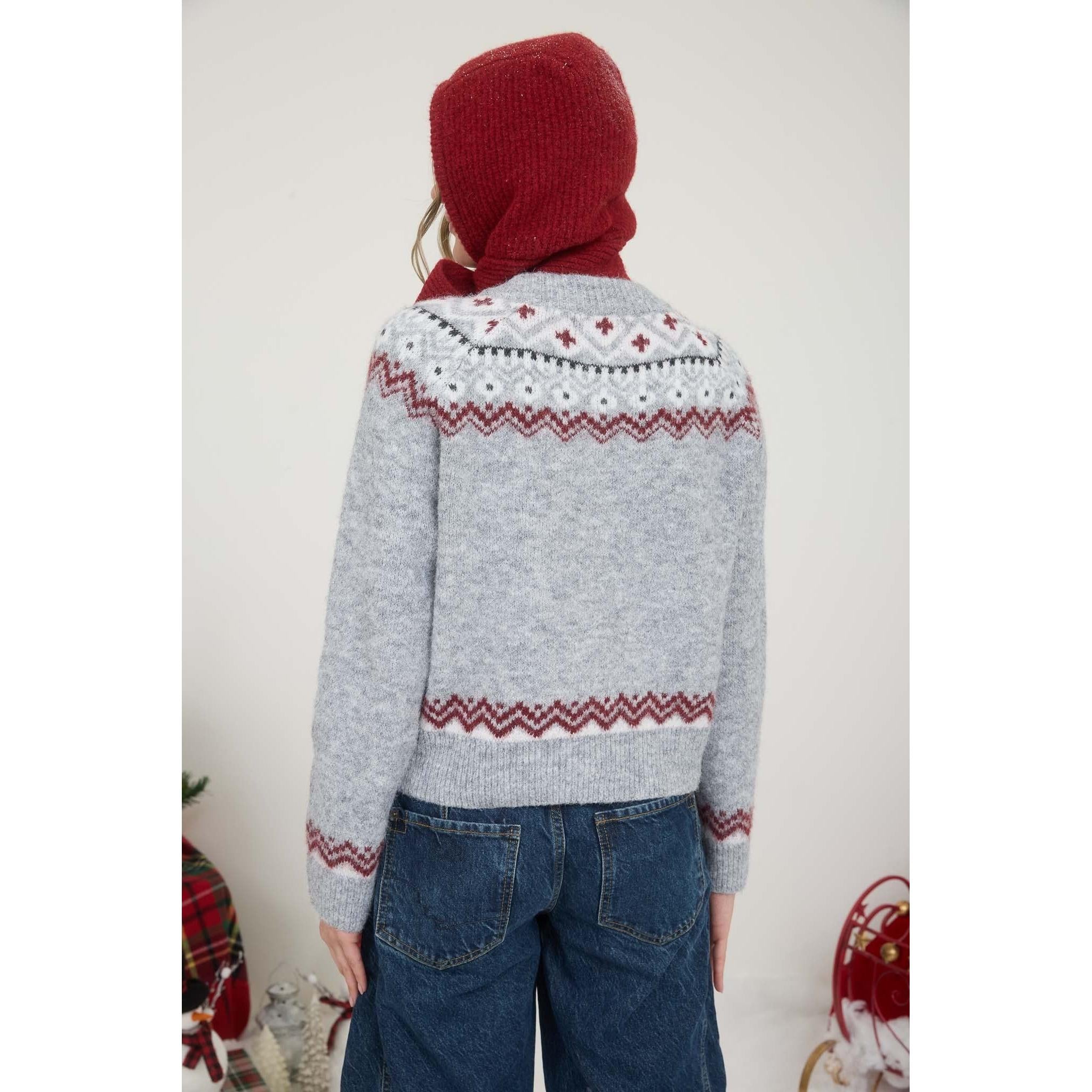 Fair Isle Toggle Button Sweater || Grey Multi