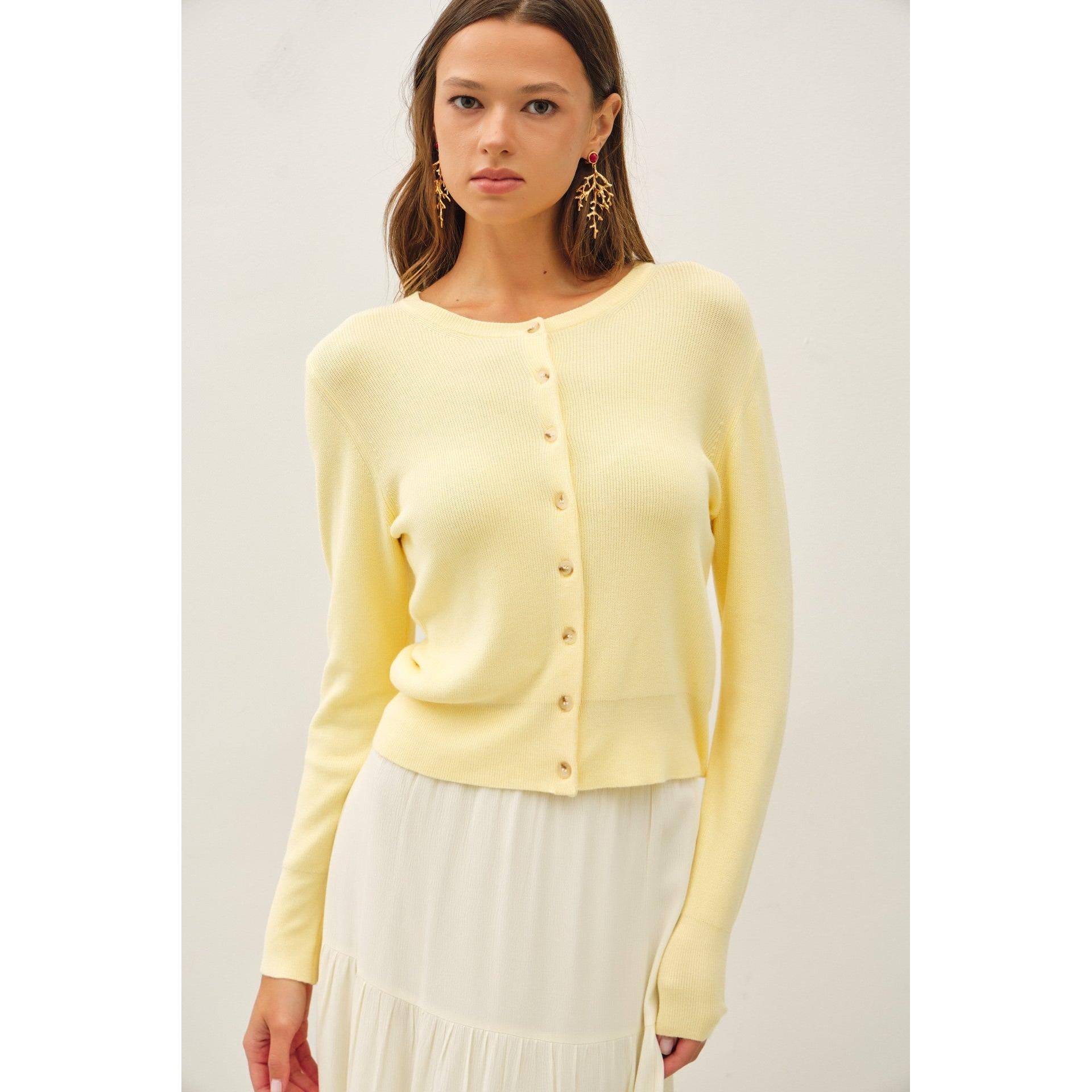 Ribbed Crewneck Cardigan lemonade butter yellow