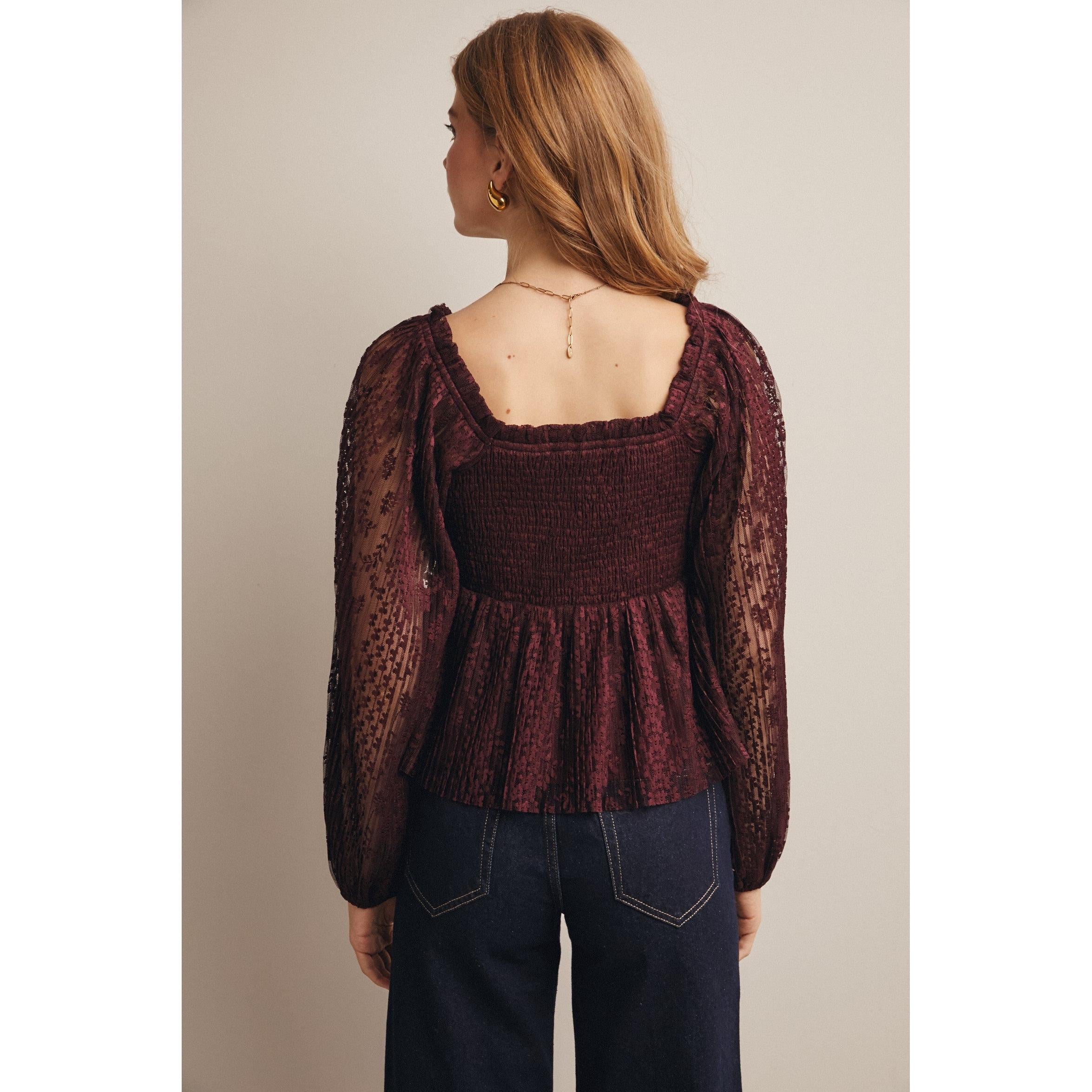 Lace Puff Sleeve Sweetheart Top || Burgundy