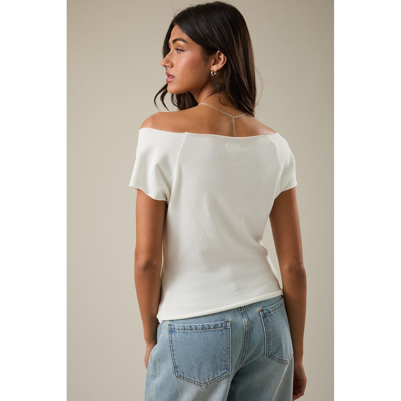 Raw Edge Off Shoulder Top || White