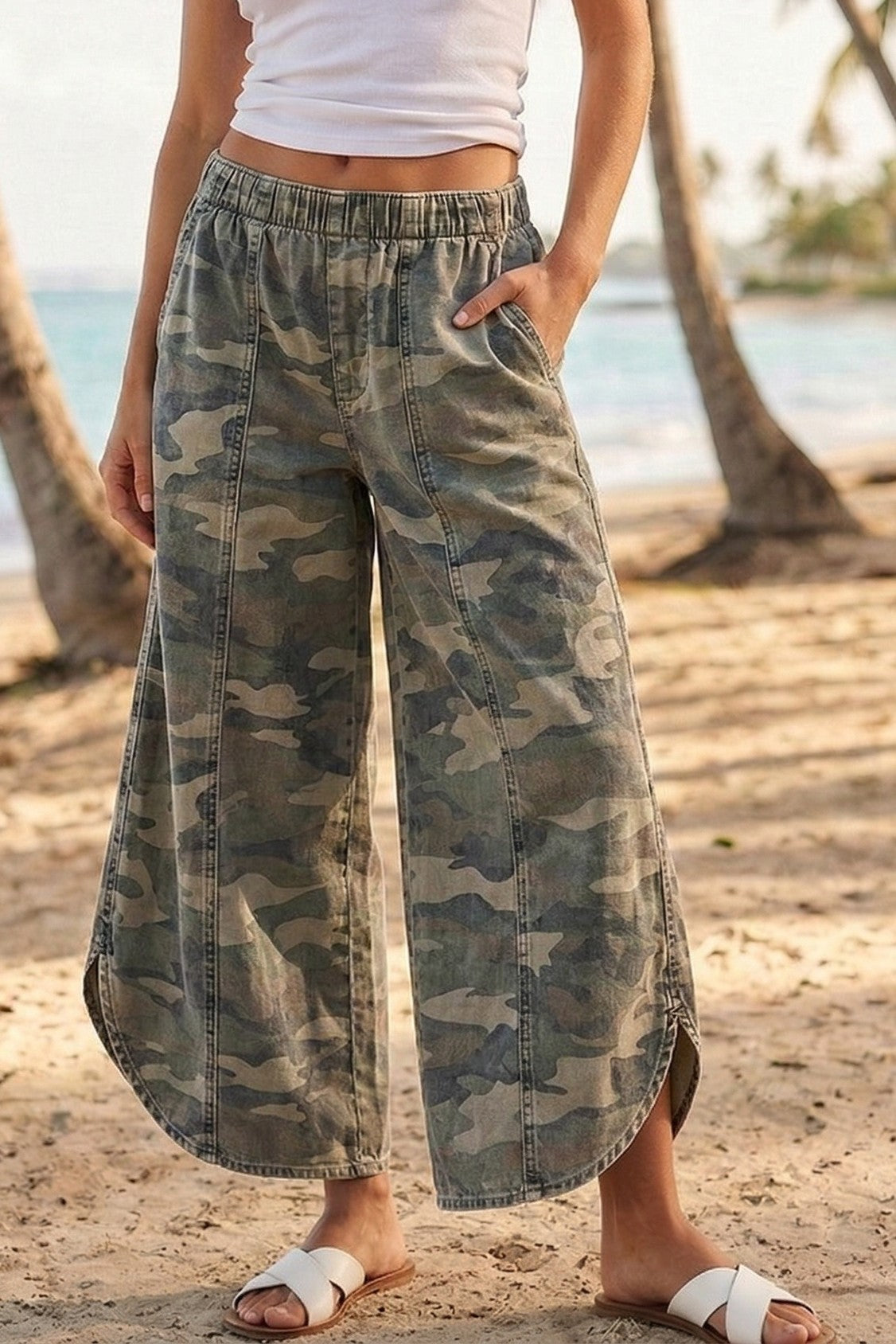 camo denim relaxed fit tulip hem