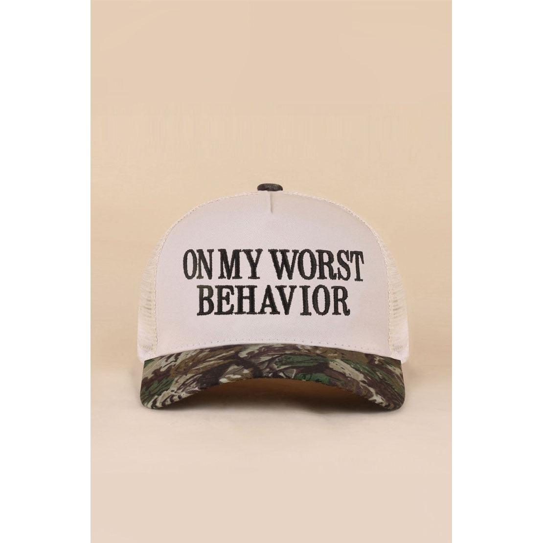 On my worst behavior trucker hat with camo bill