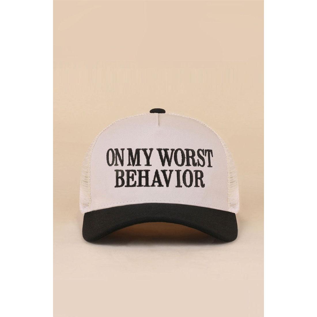On my worst behavior trucker hat with black bill