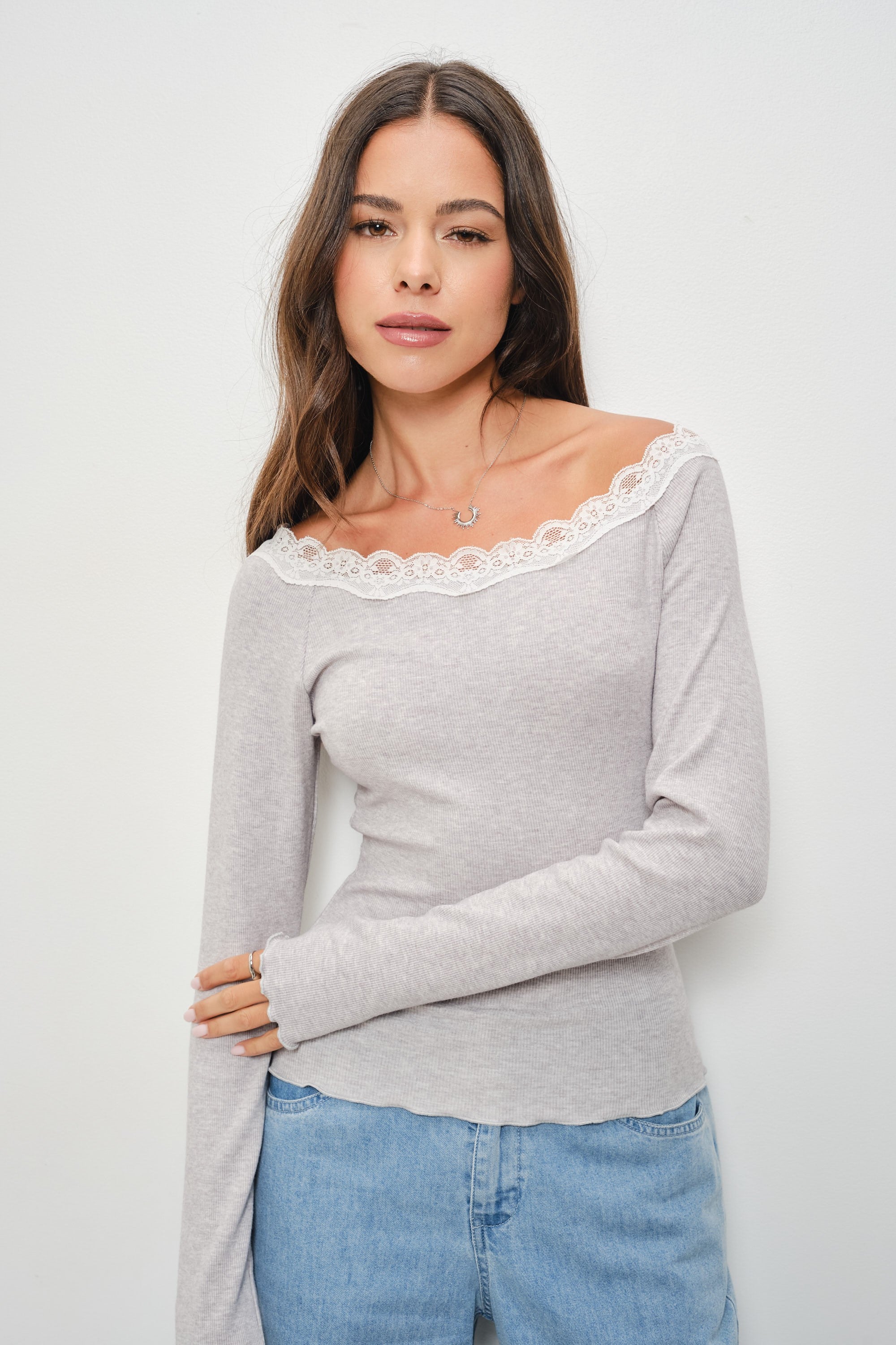 Lace Trim Boat Neck Top || Heather Grey