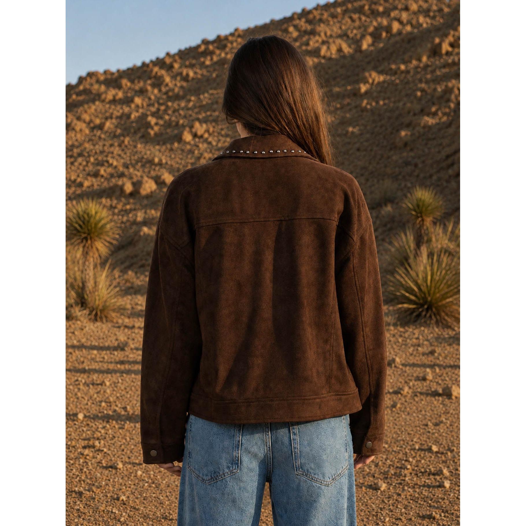 Studded Faux Suede Jacket || Dark Brown