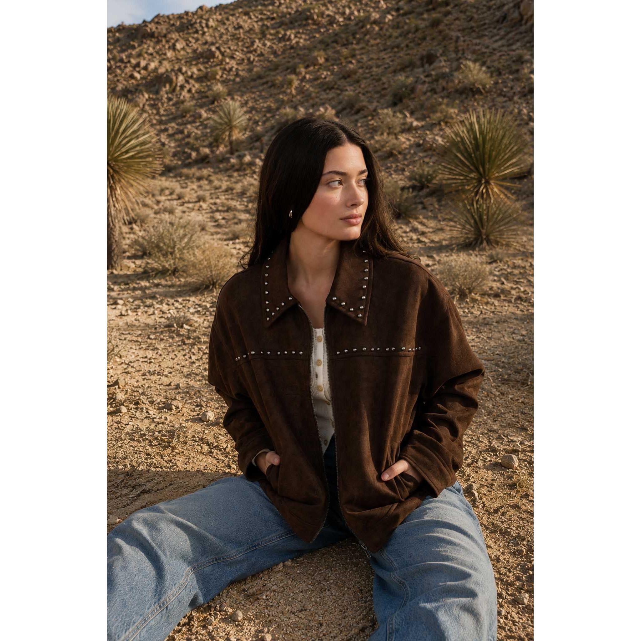 Studded Faux Suede Jacket || Dark Brown