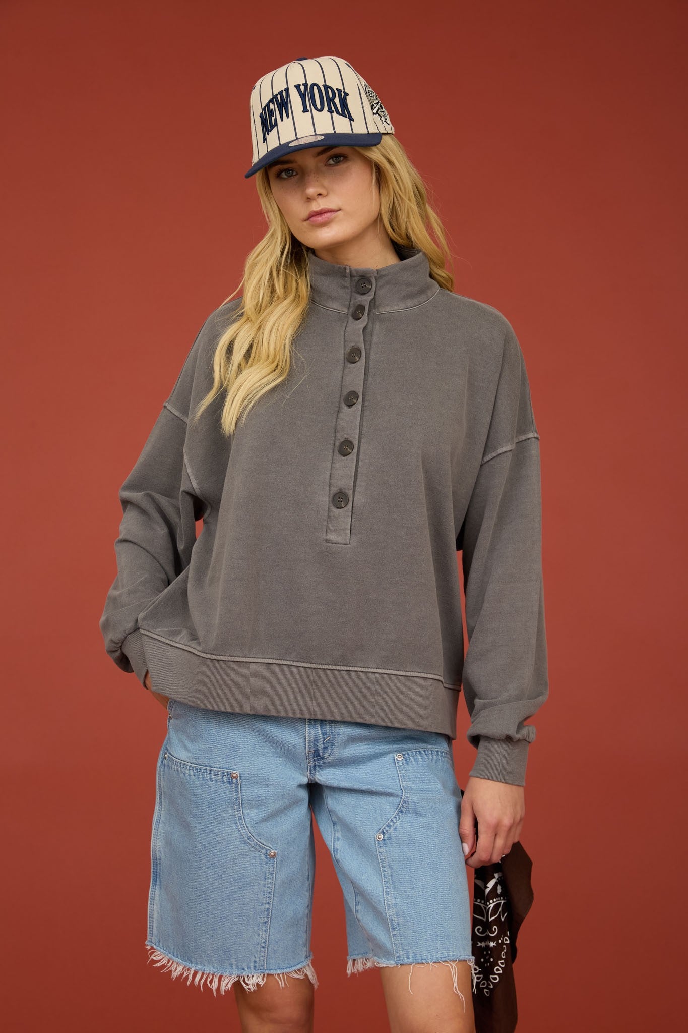 mockneck button sweatshirt