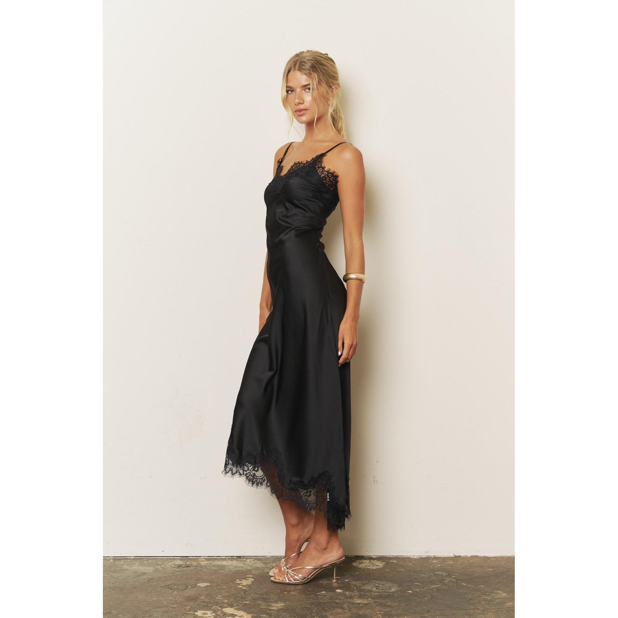 Lace Trim Satin Midi Dress || Black