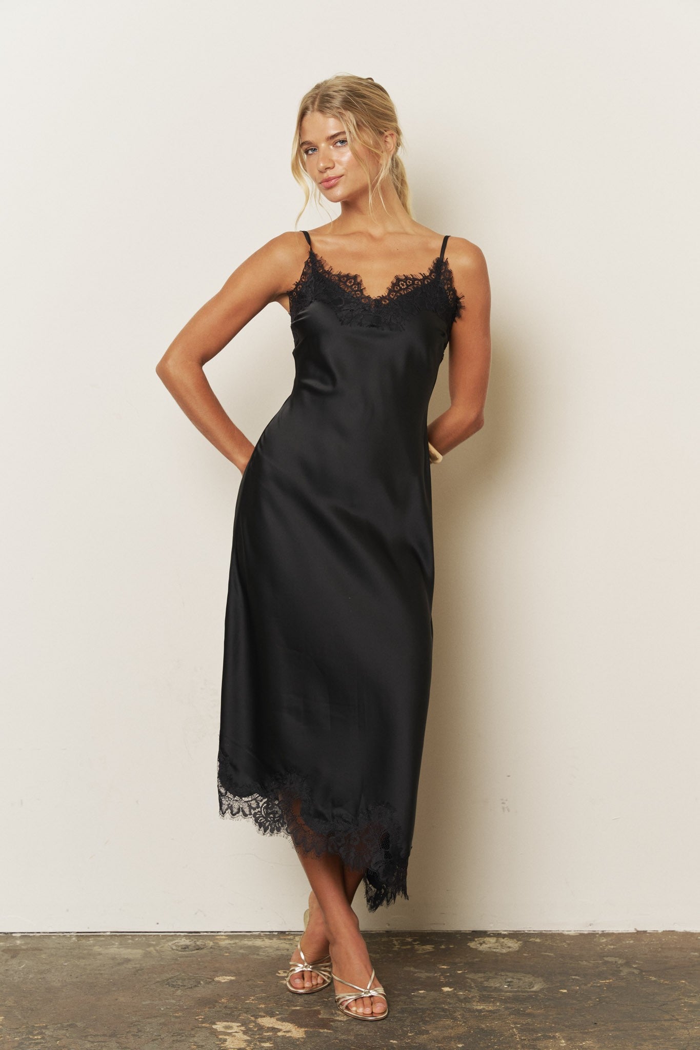 black spaghetti strap satin dress