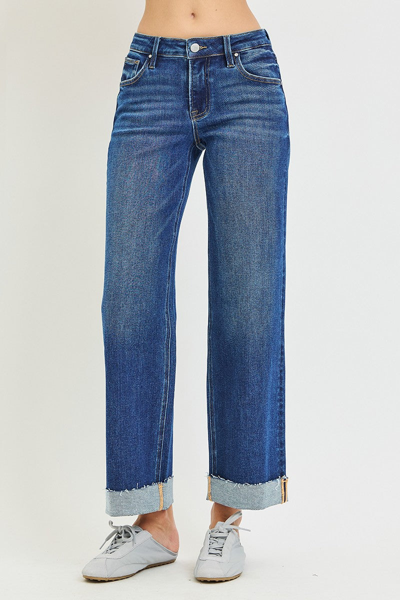 Risen Mid rise dark wash cuffed straight leg jeans