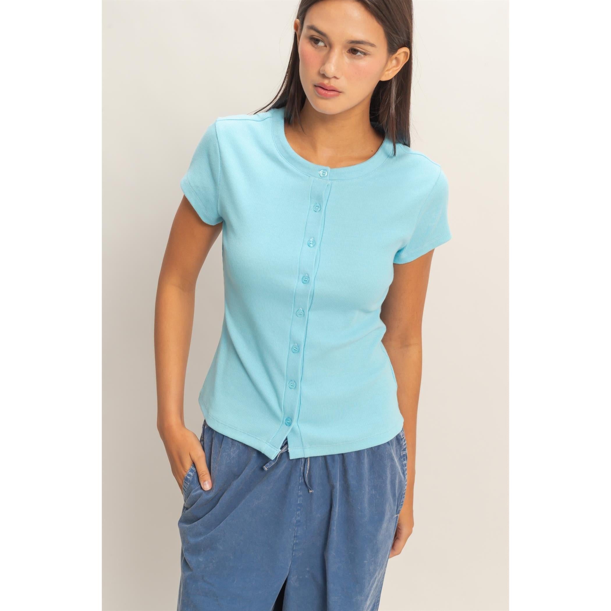 soft ribbed short sleeve button up
