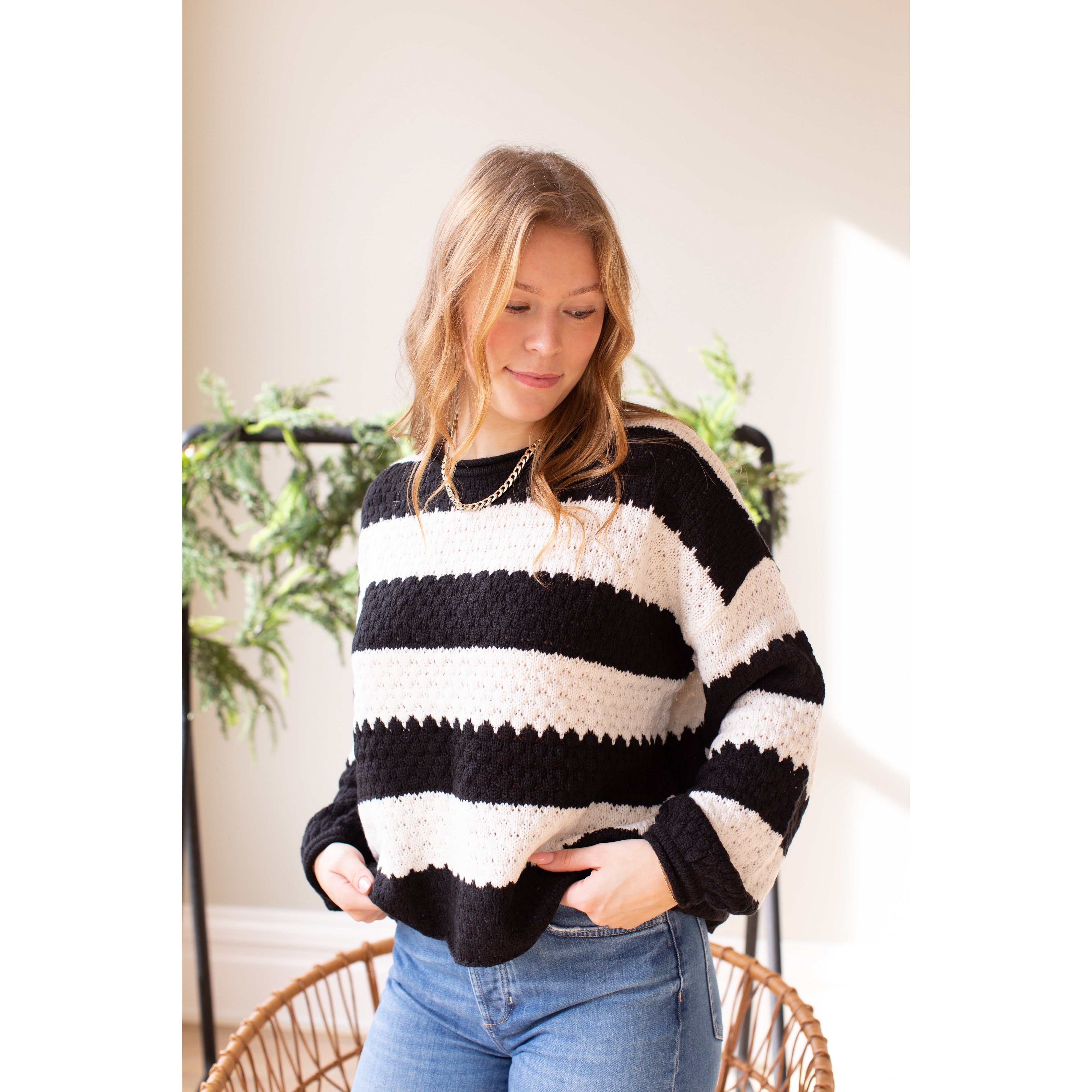 Striped Crew Sweater || Black
