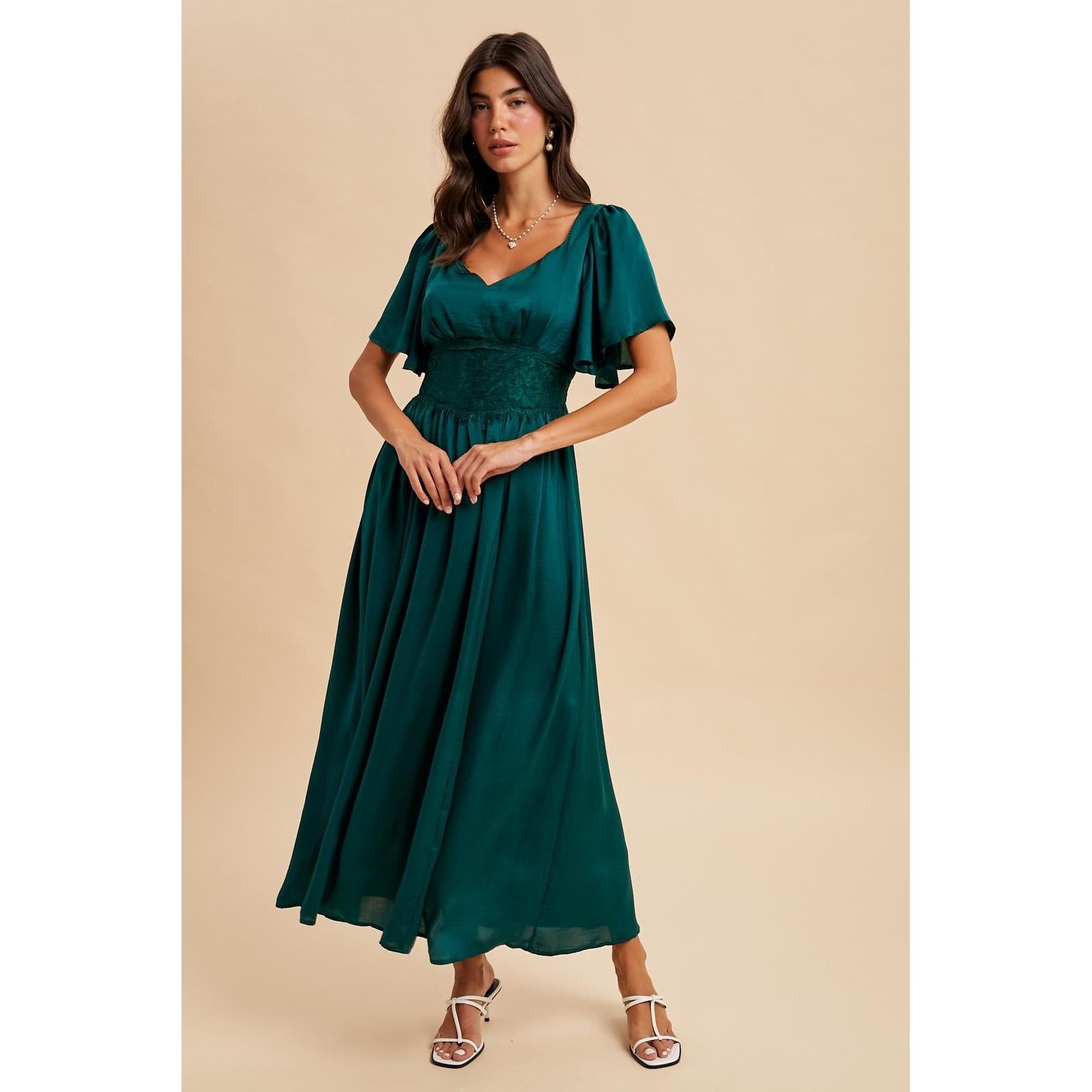 Washed Satin Lace Maxi Dress || Emerald