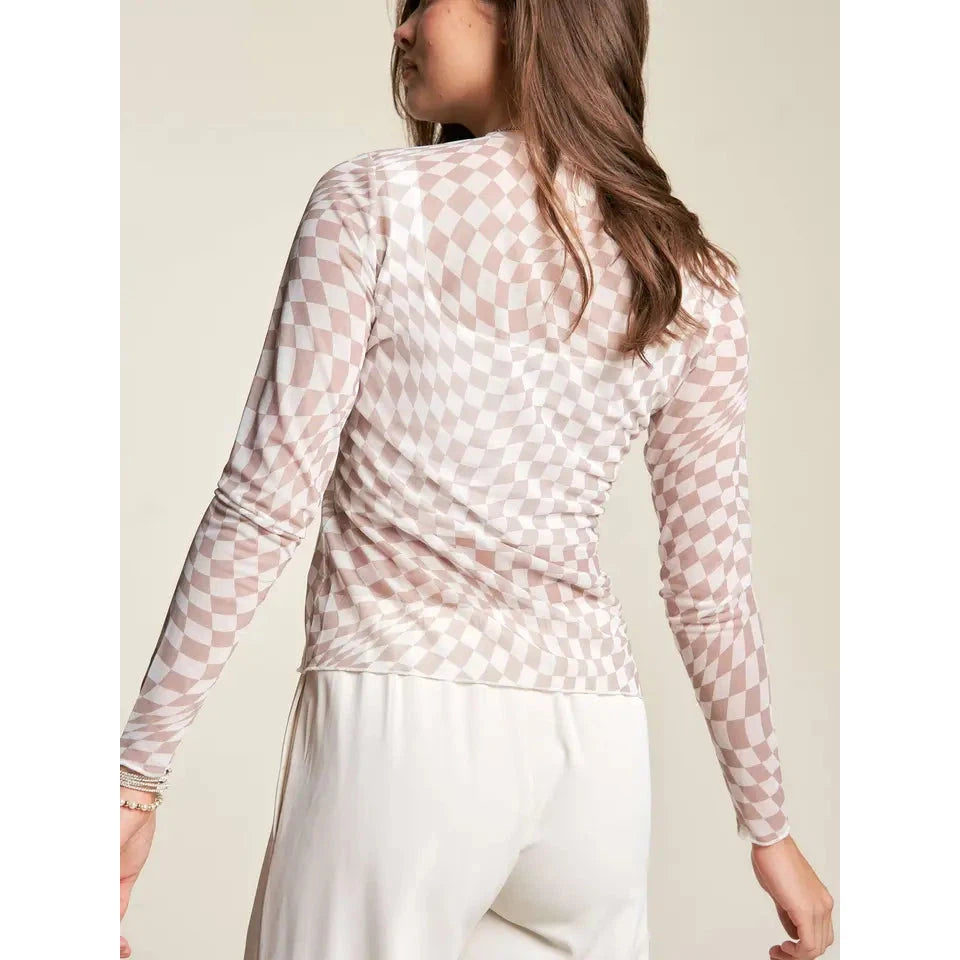 Checker Printed Mesh Long Sleeve || Ivory/Taupe