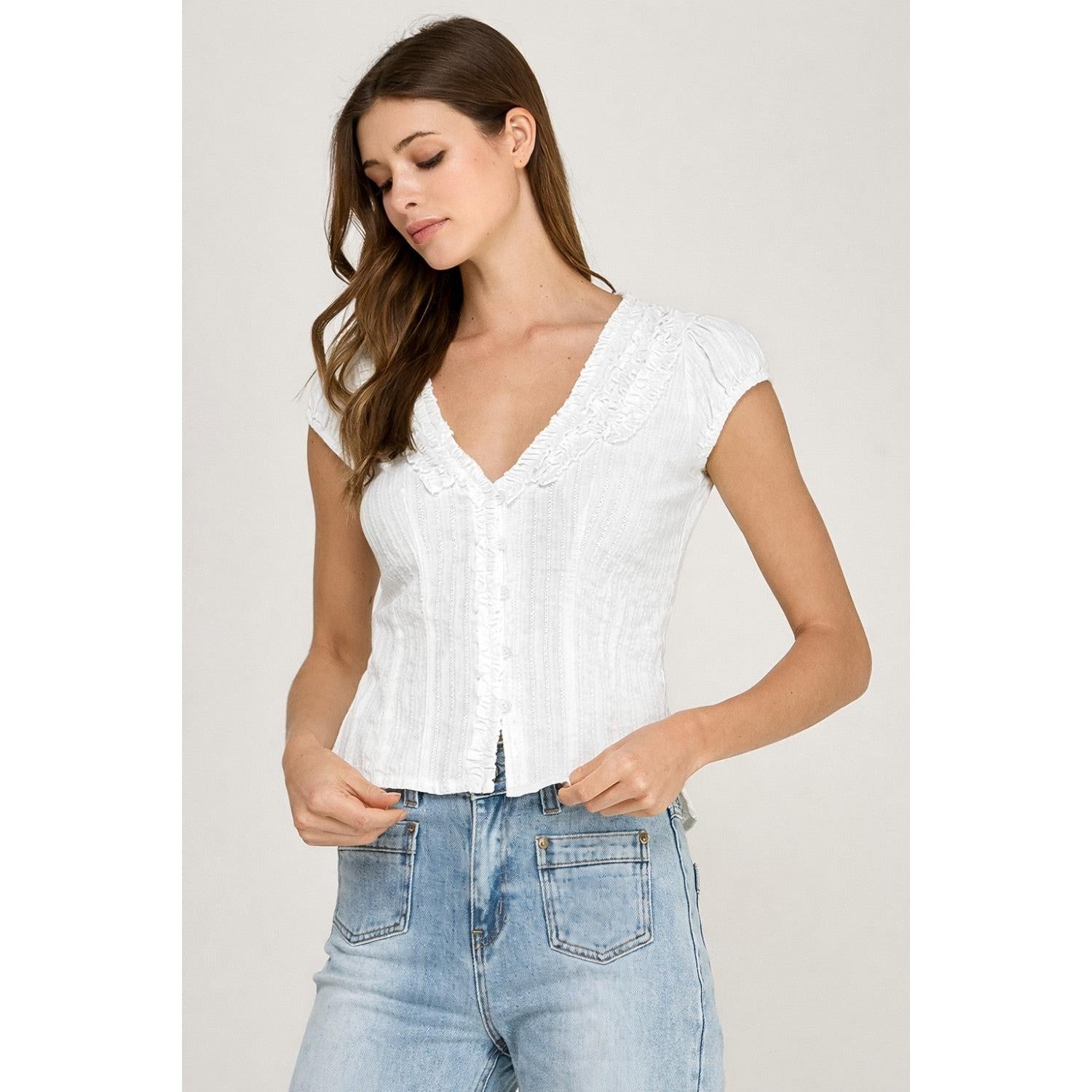 Ruffle Trim V Neck Top || White