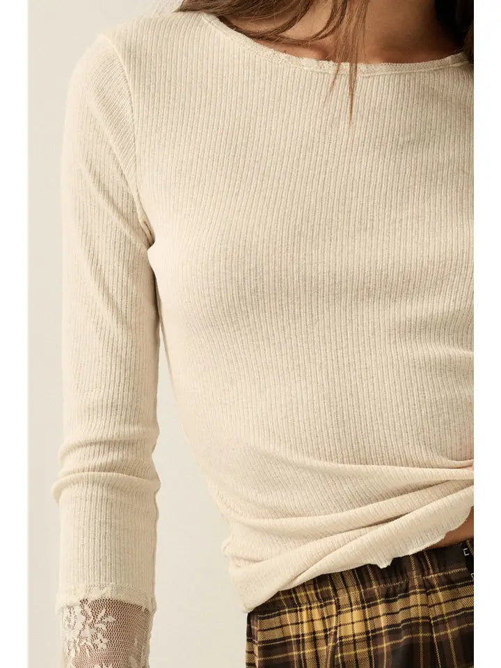 Ribbed Top with Lace Cuff || Cream