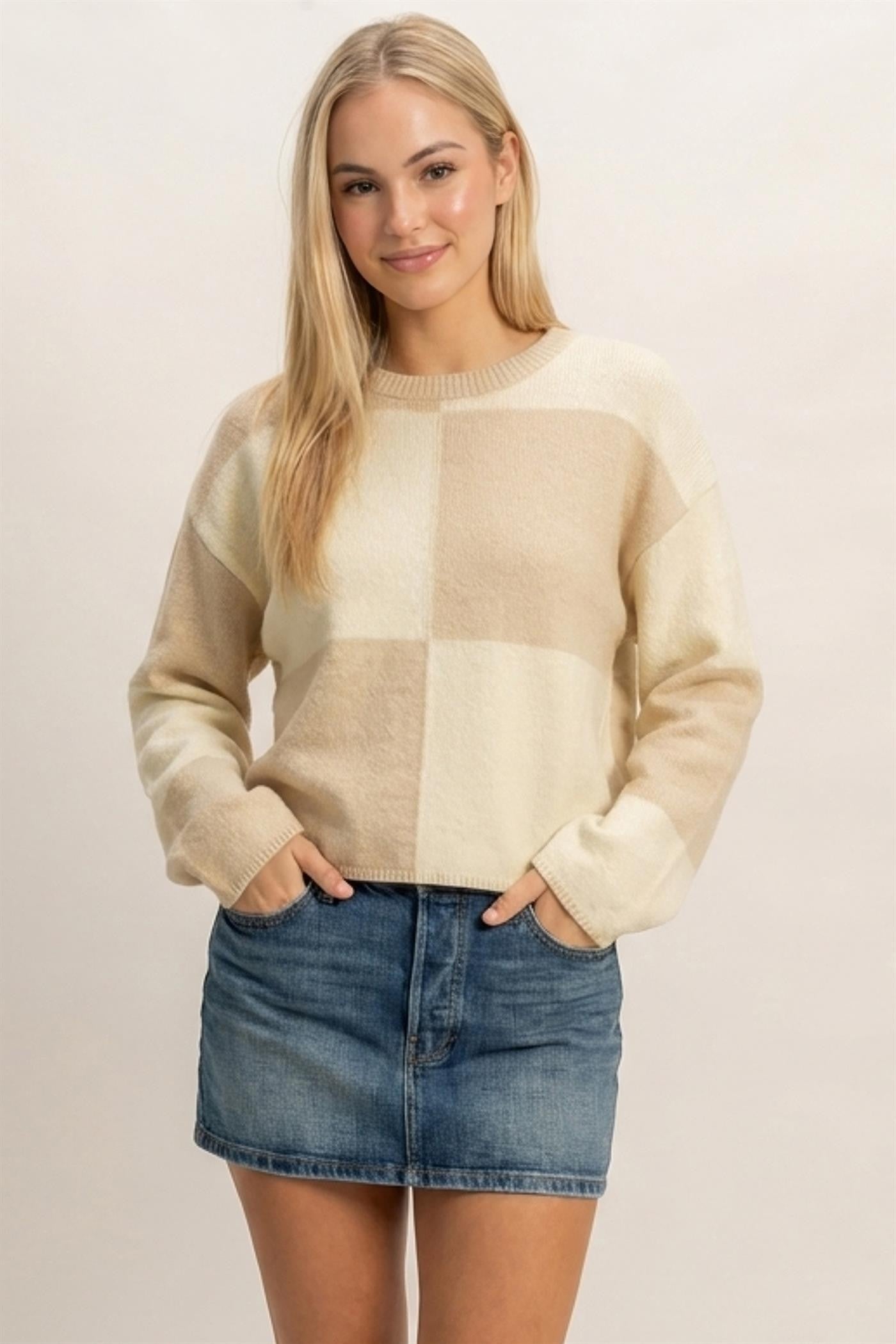 large checkered colorblock sweater
