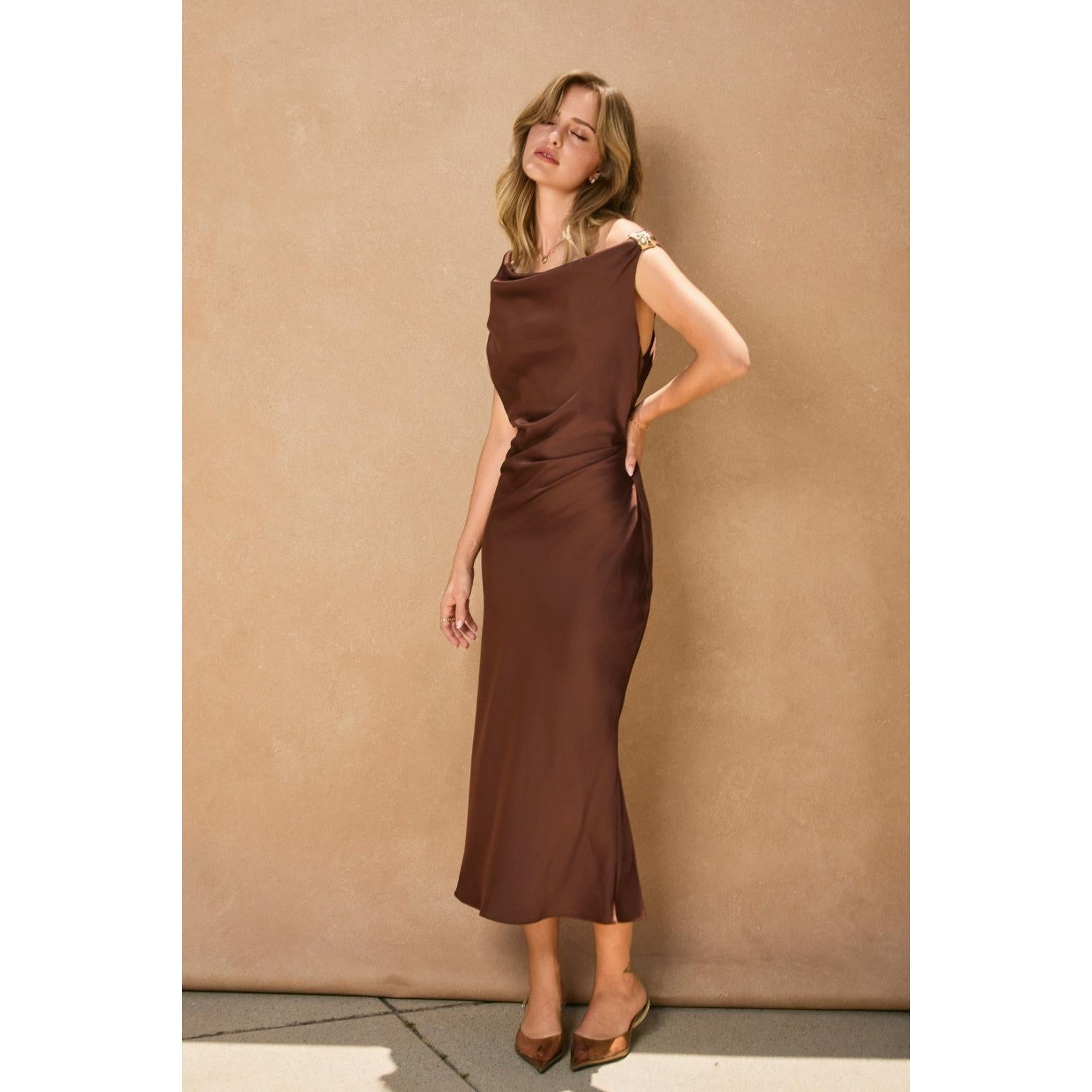 Satin Cowl Neck Midi Dress || Chocolate