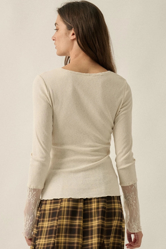 Ribbed Top with Lace Cuff || Cream