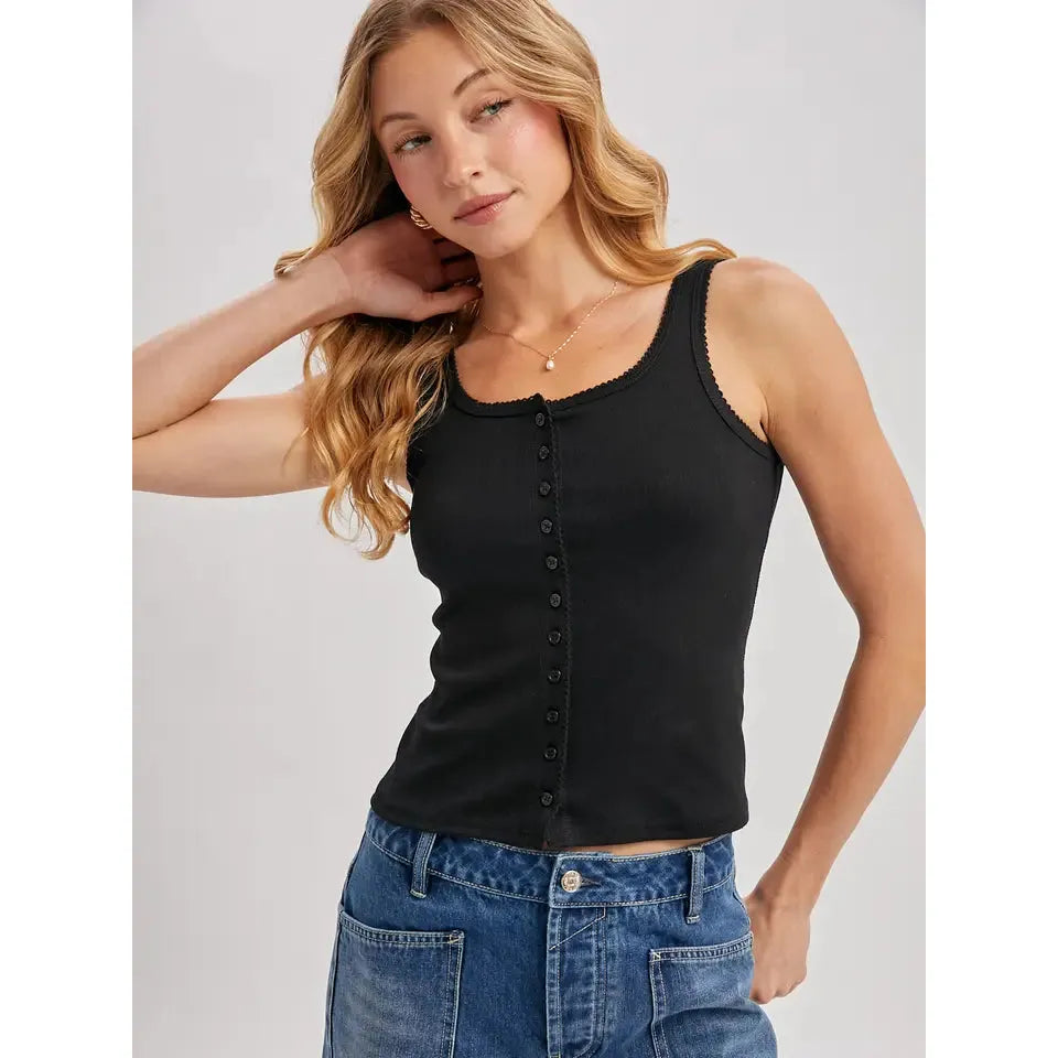 Button Down Pointelle Tank || Black