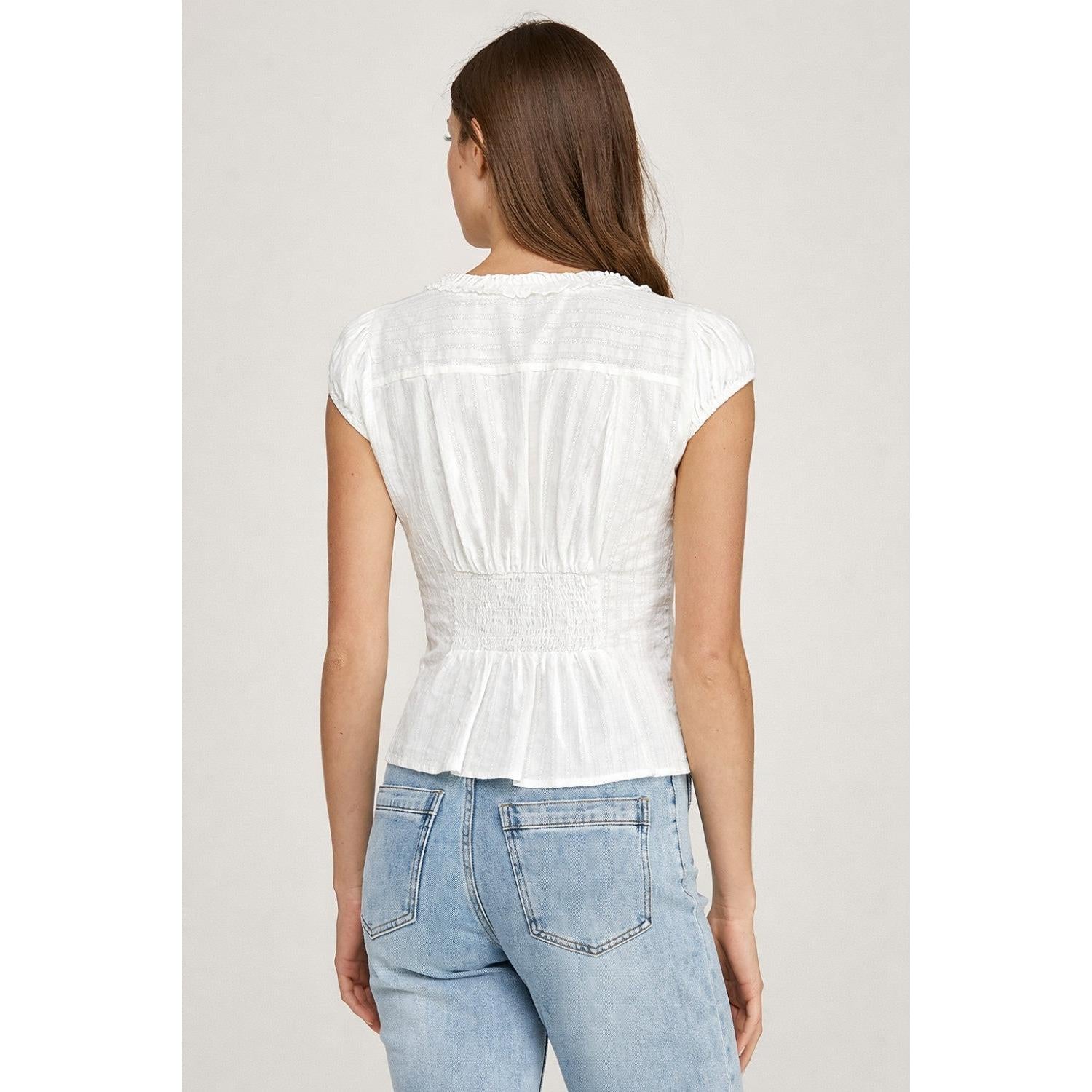Ruffle Trim V Neck Top || White