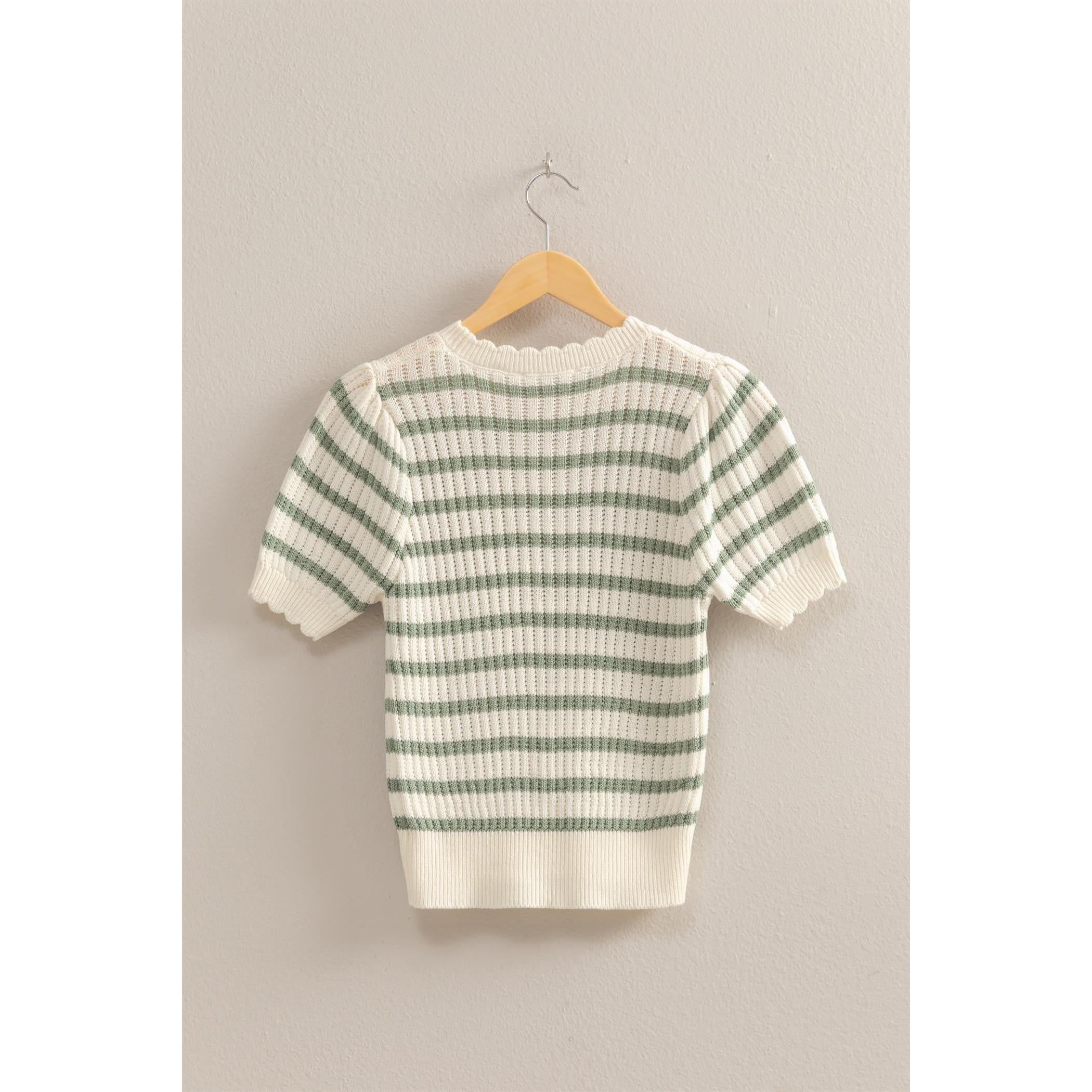 Short Sleeve Stripe Sweater || Sage/Cream