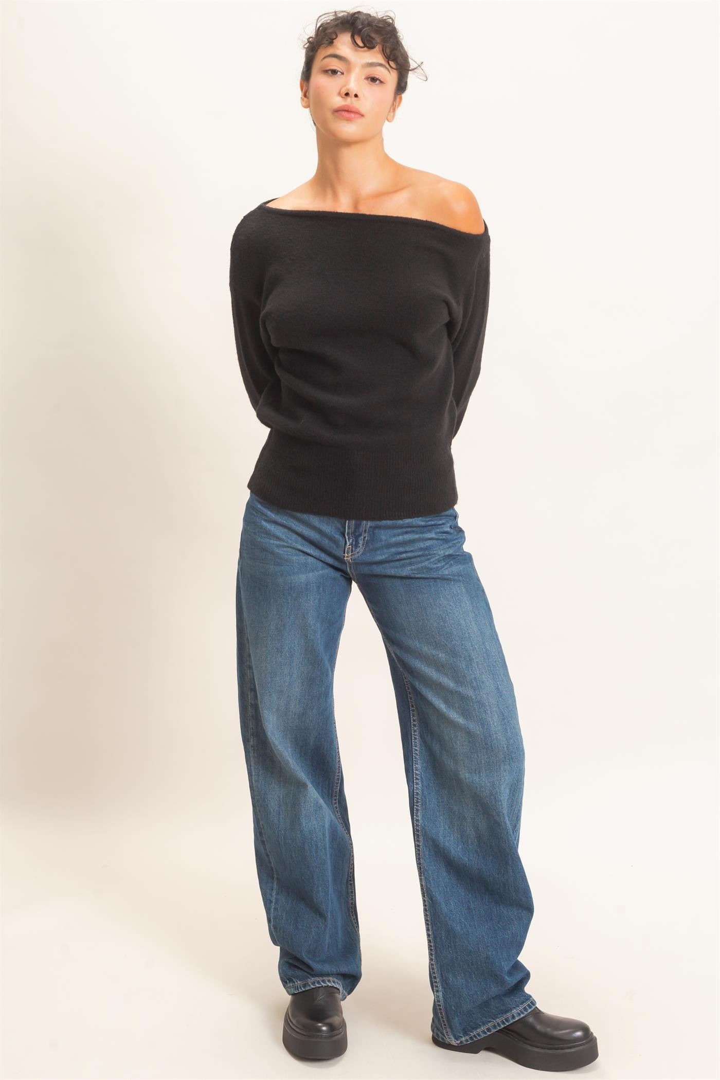 Asymmetric off the shoulder sweater