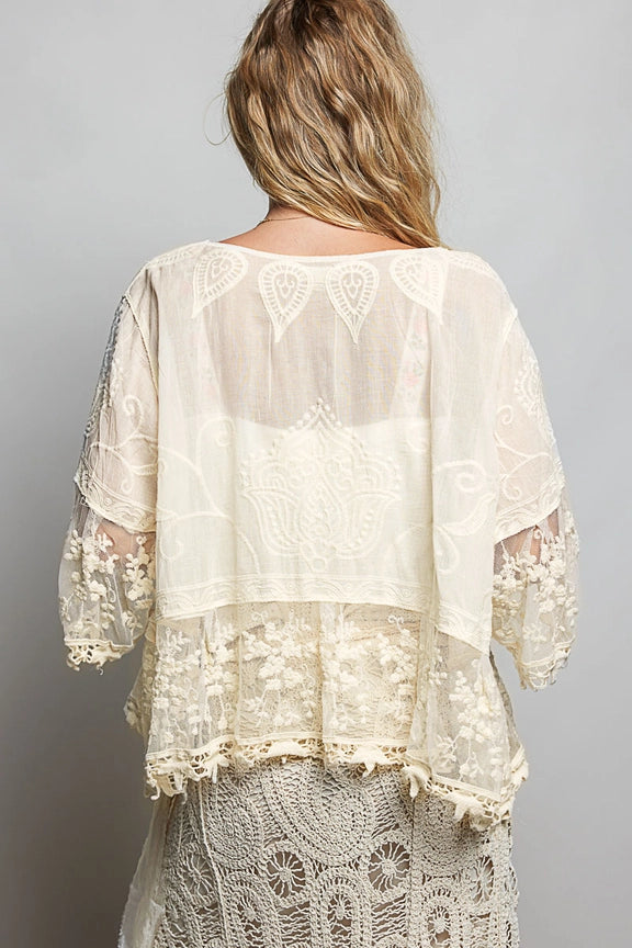 Embroidered and Lace Cardigan || Natural