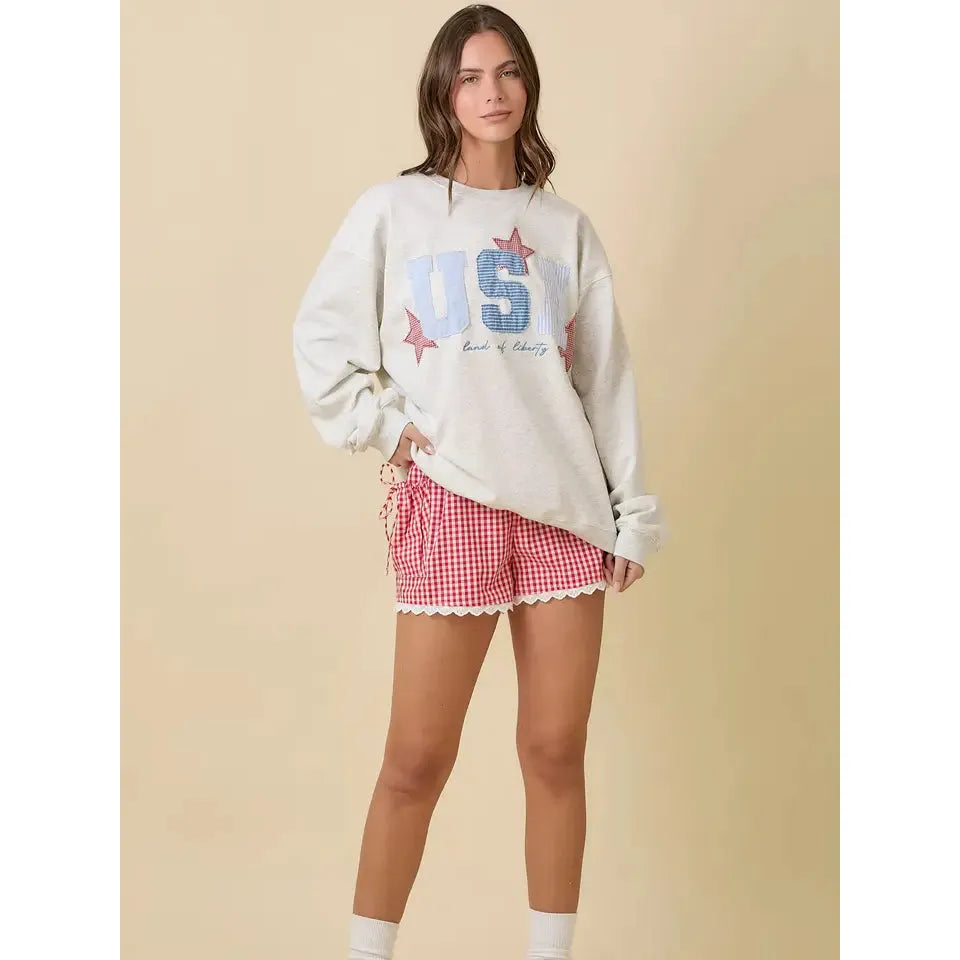 USA Patchwork Crewneck Sweatshirt || Heather Grey