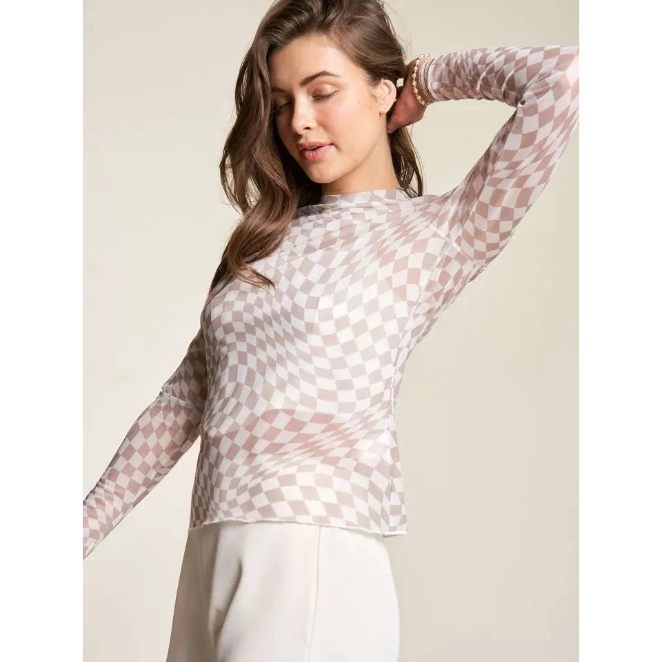 Checker Printed Mesh Long Sleeve || Ivory/Taupe