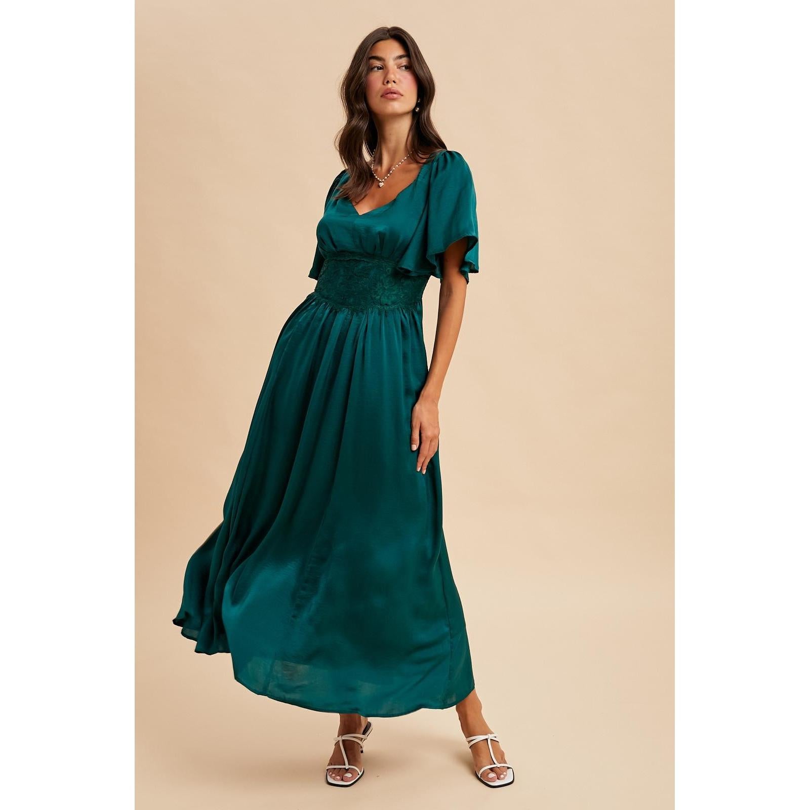 Washed Satin Lace Maxi Dress || Emerald
