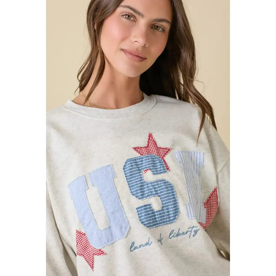 USA Patchwork Crewneck Sweatshirt || Heather Grey