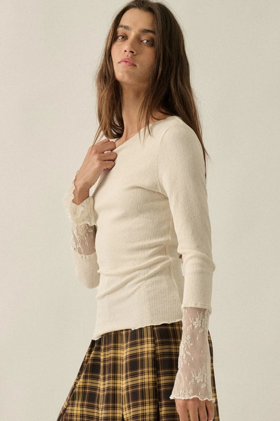 Ribbed Top with Lace Cuff || Cream